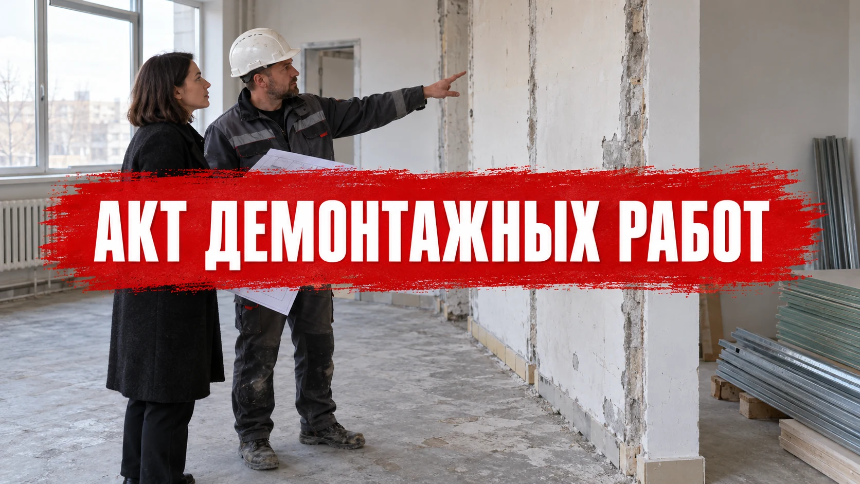 Представитель объекта и руководитель осматривают помещение после демонтажа; заголовок на красной полосе «Акт демонтажных работ»