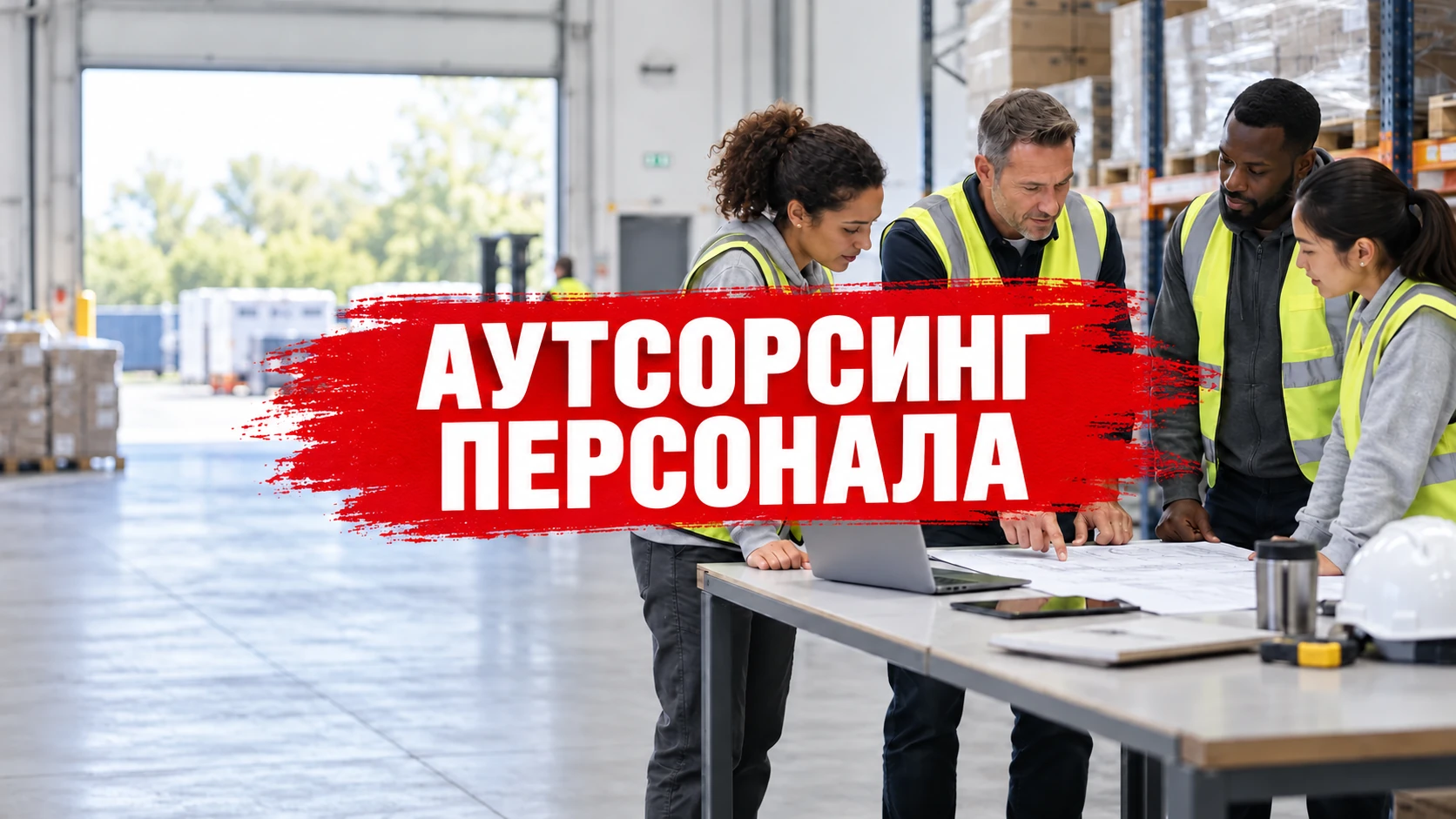 Рабочая команда обсуждает задачу на складе; заголовок «Аутсорсинг персонала» расположен по центру