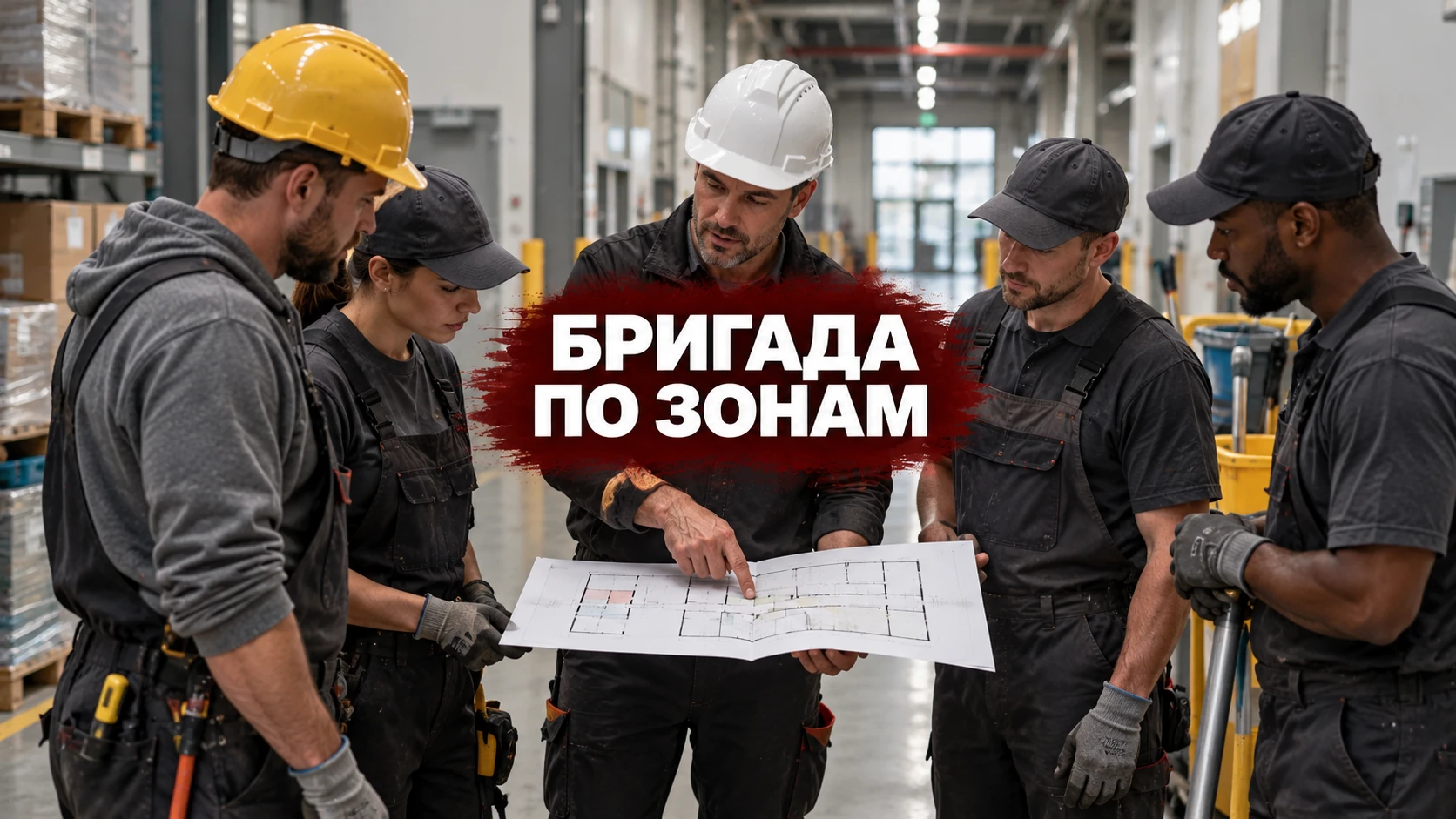 Координатор и рабочие рассматривают план коммерческого объекта; концептуальная иллюстрация