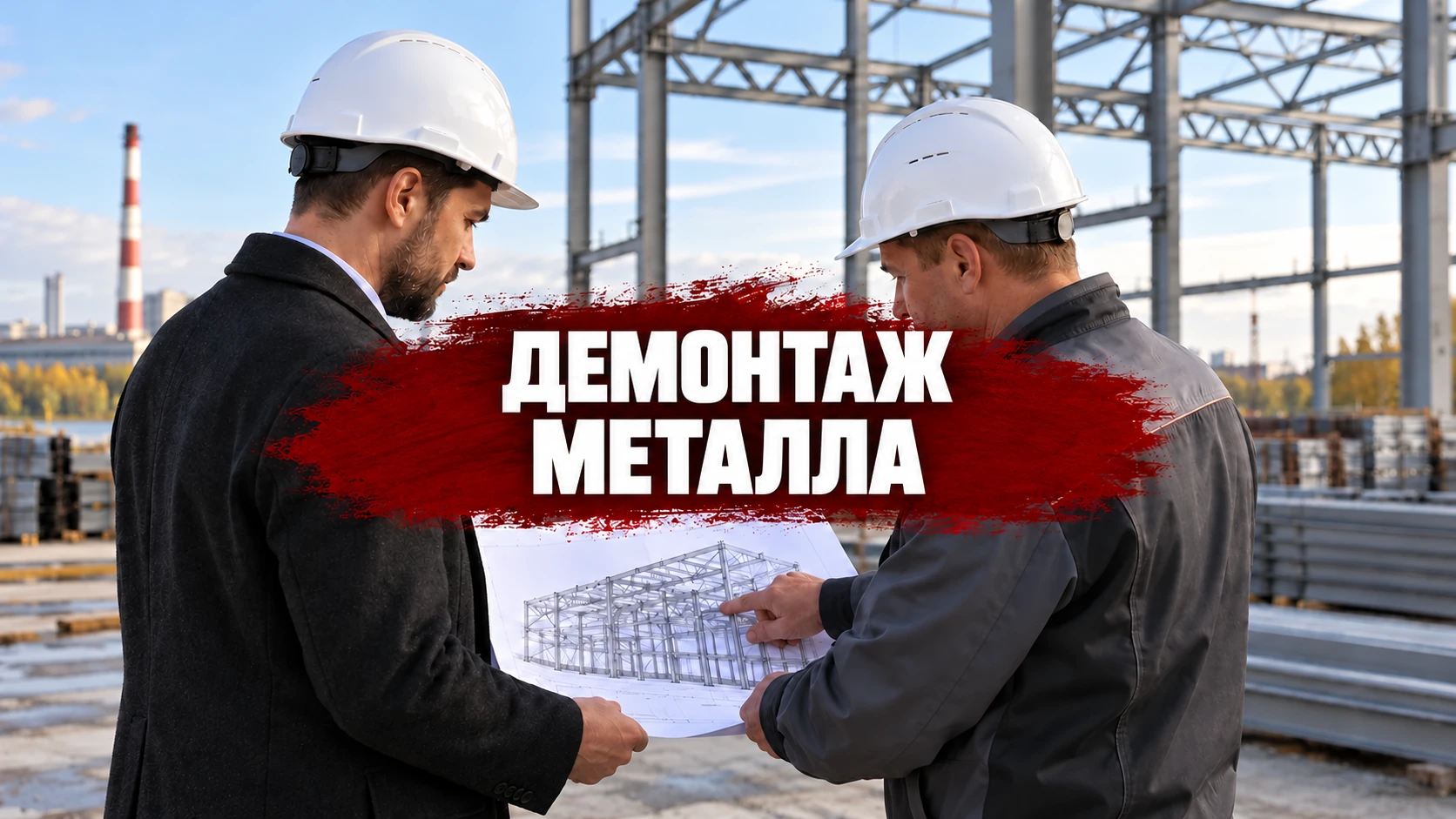 Концептуальная иллюстрация с двумя специалистами у схемы металлоконструкции; по центру надпись «Демонтаж металла».