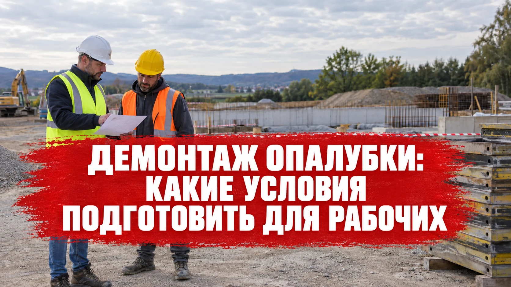 Обложка статьи: специалист и руководитель бригады сверяют план зоны работ с опалубкой