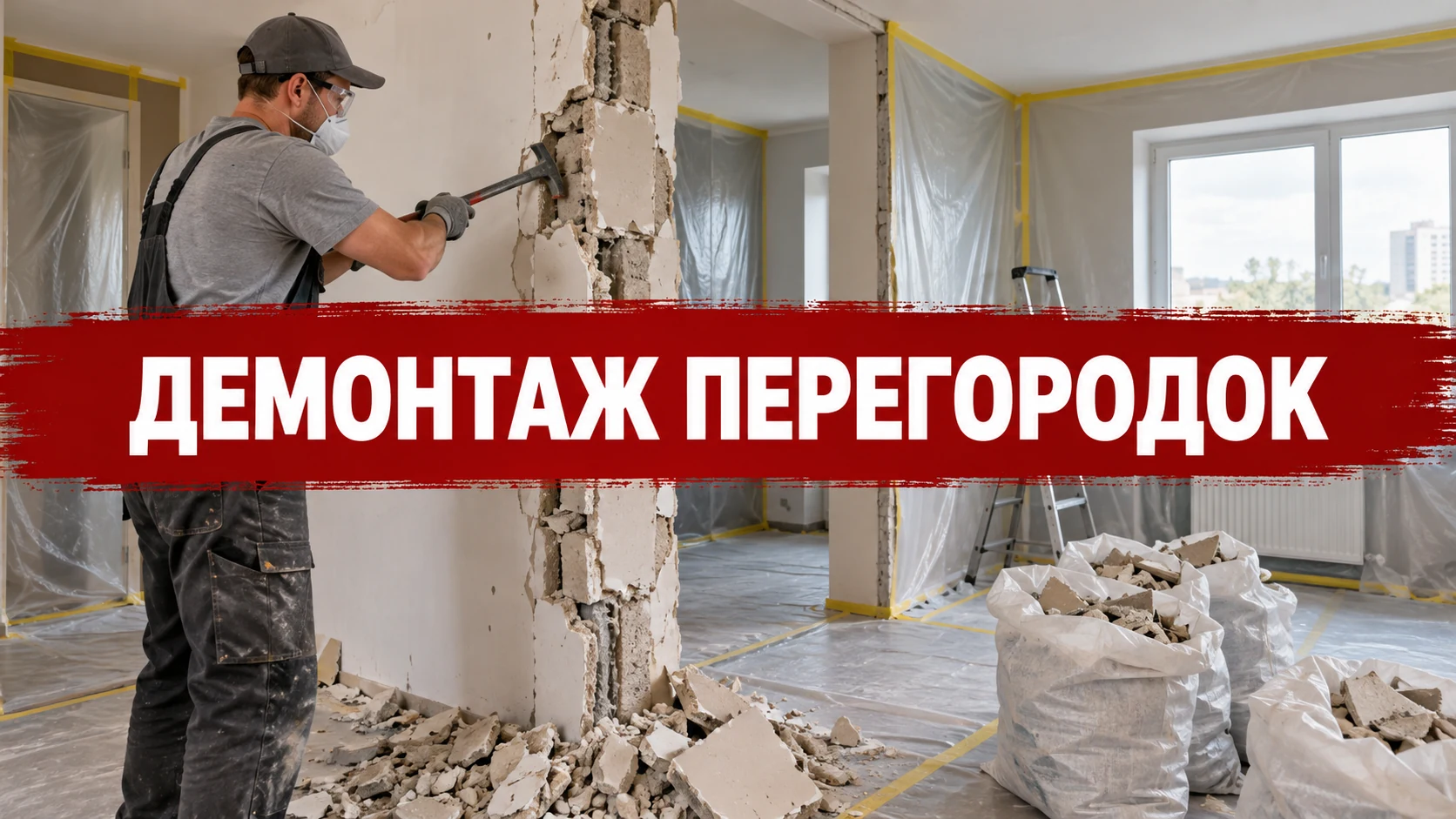 Рабочий аккуратно снимает часть перегородки в защищённом от пыли помещении