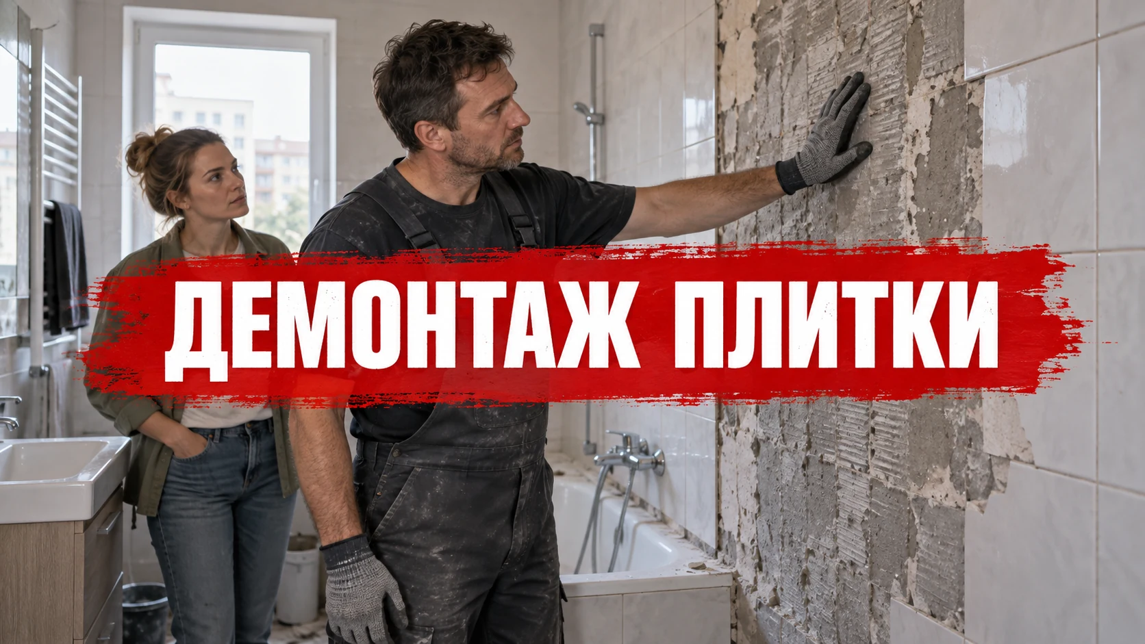 Рабочий и заказчица осматривают частично очищенную от плитки стену; на красном мазке размещён заголовок «ДЕМОНТАЖ ПЛИТКИ». Концептуальная иллюстрация.