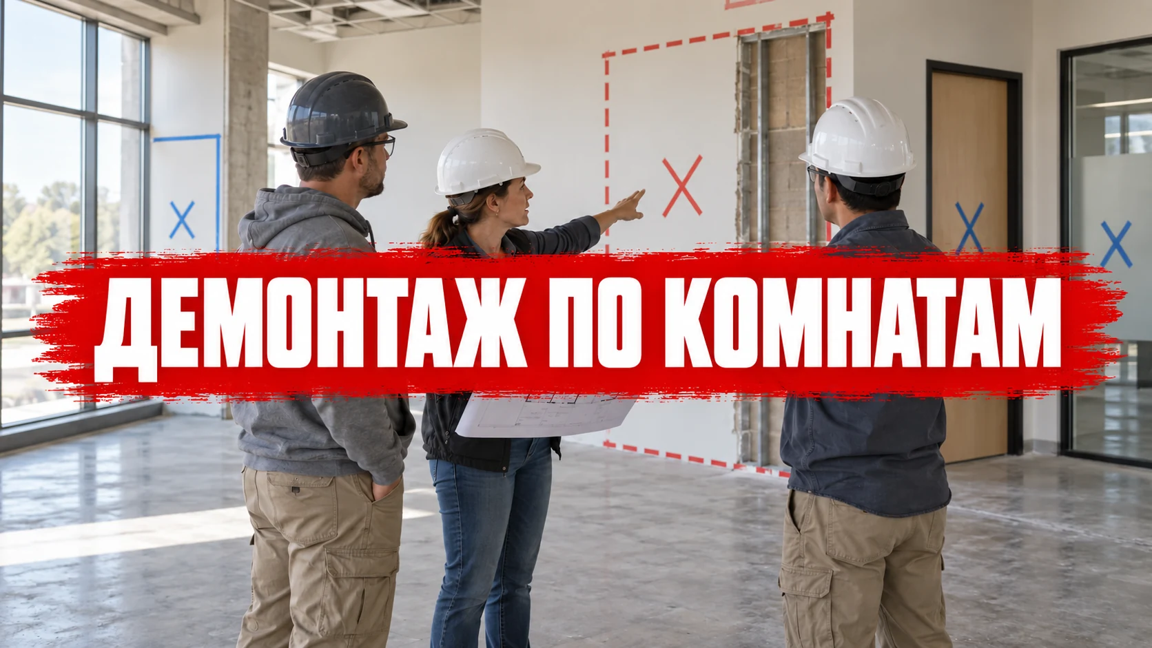 Участники ремонта обсуждают отмеченную зону в помещении