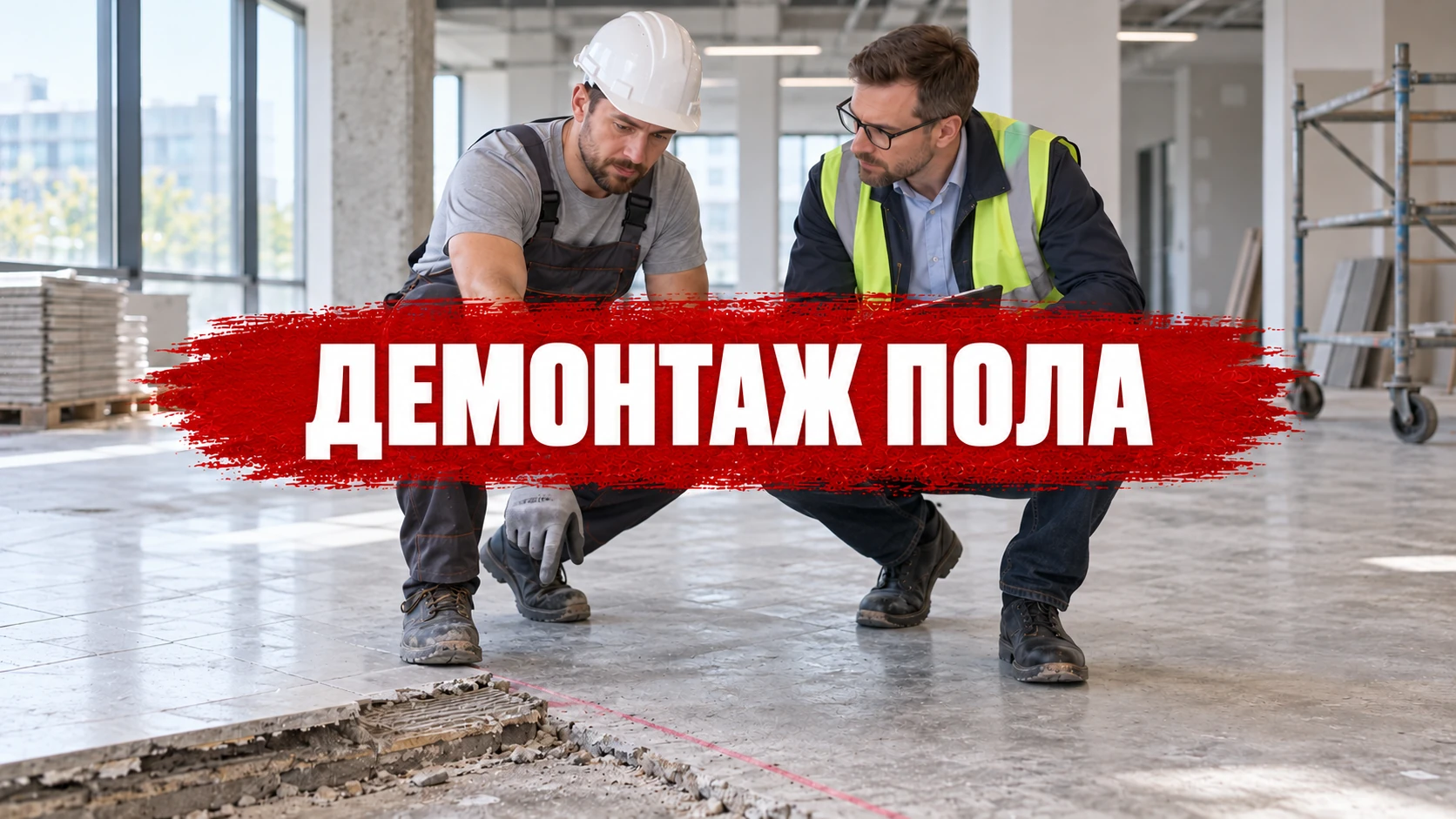 Два специалиста осматривают участок пола перед демонтажем; заголовок расположен по центру обложки