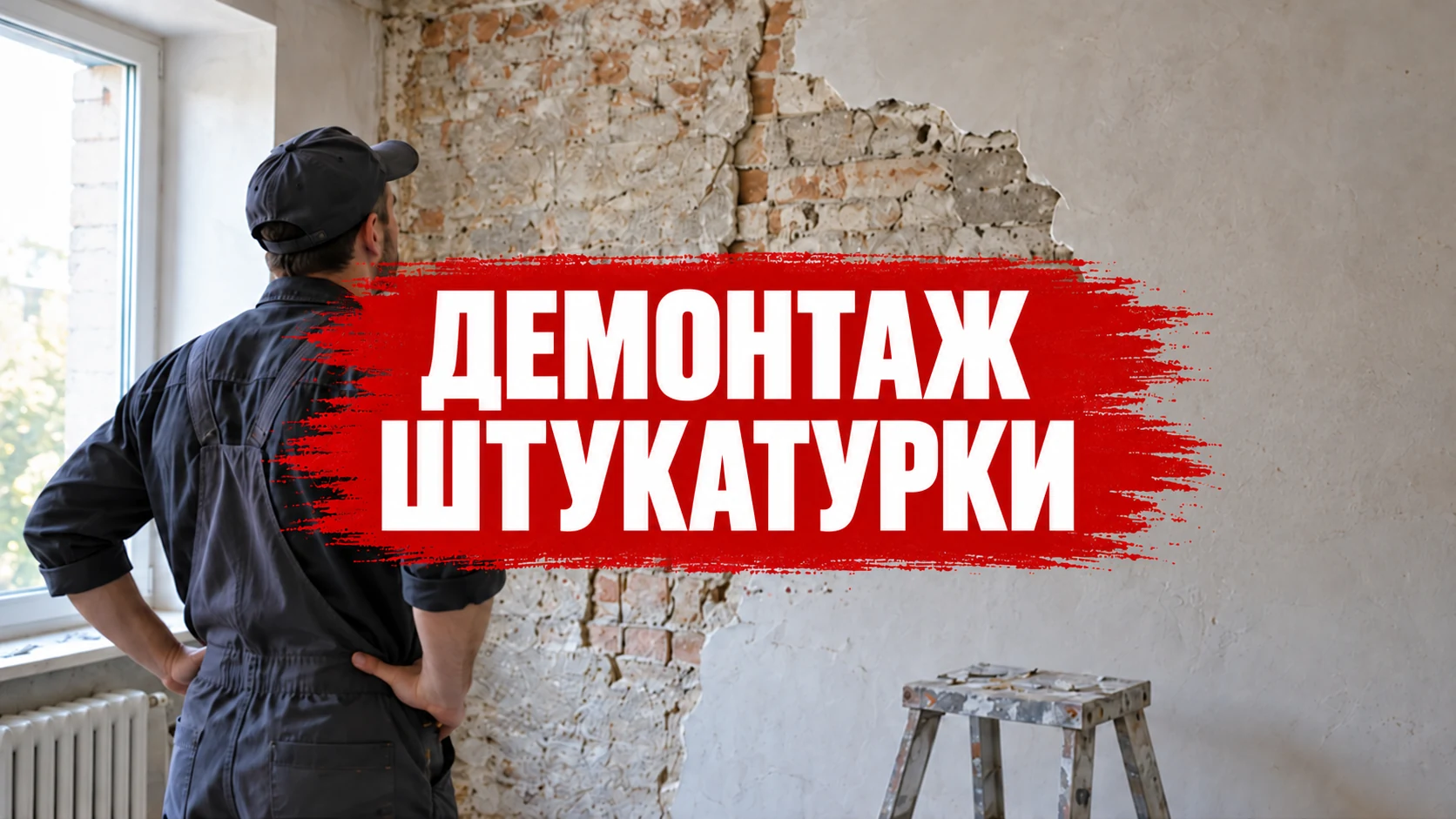 Рабочий в тёмной одежде оценивает стену с частично снятой штукатуркой; на красном мазке центральный заголовок «ДЕМОНТАЖ ШТУКАТУРКИ». Концептуальная иллюстрация.
