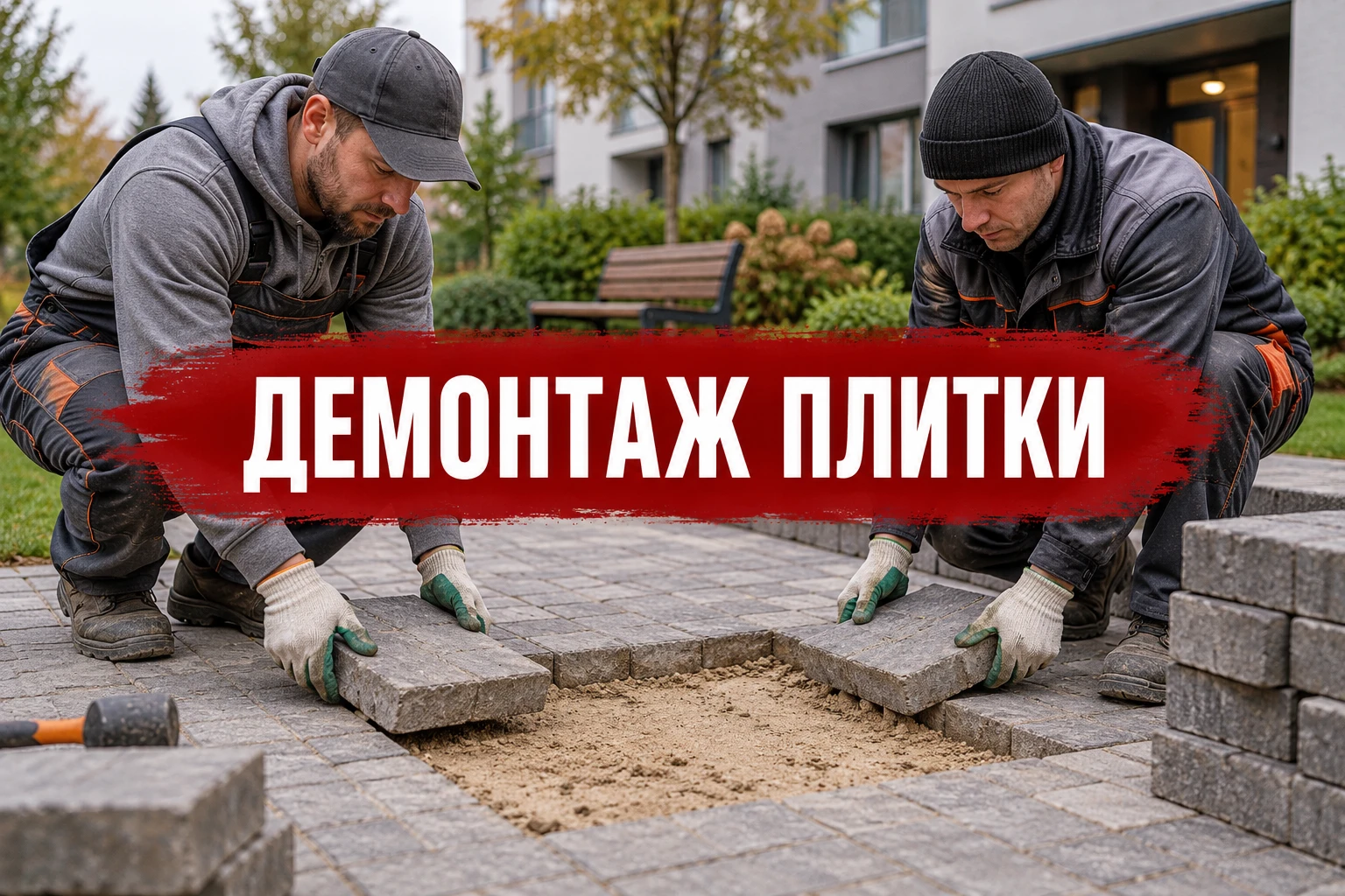 Обложка статьи о демонтаже тротуарной плитки: два рабочих снимают покрытие; заголовок «ДЕМОНТАЖ ПЛИТКИ» встроен в изображение. Концептуальная иллюстрация.