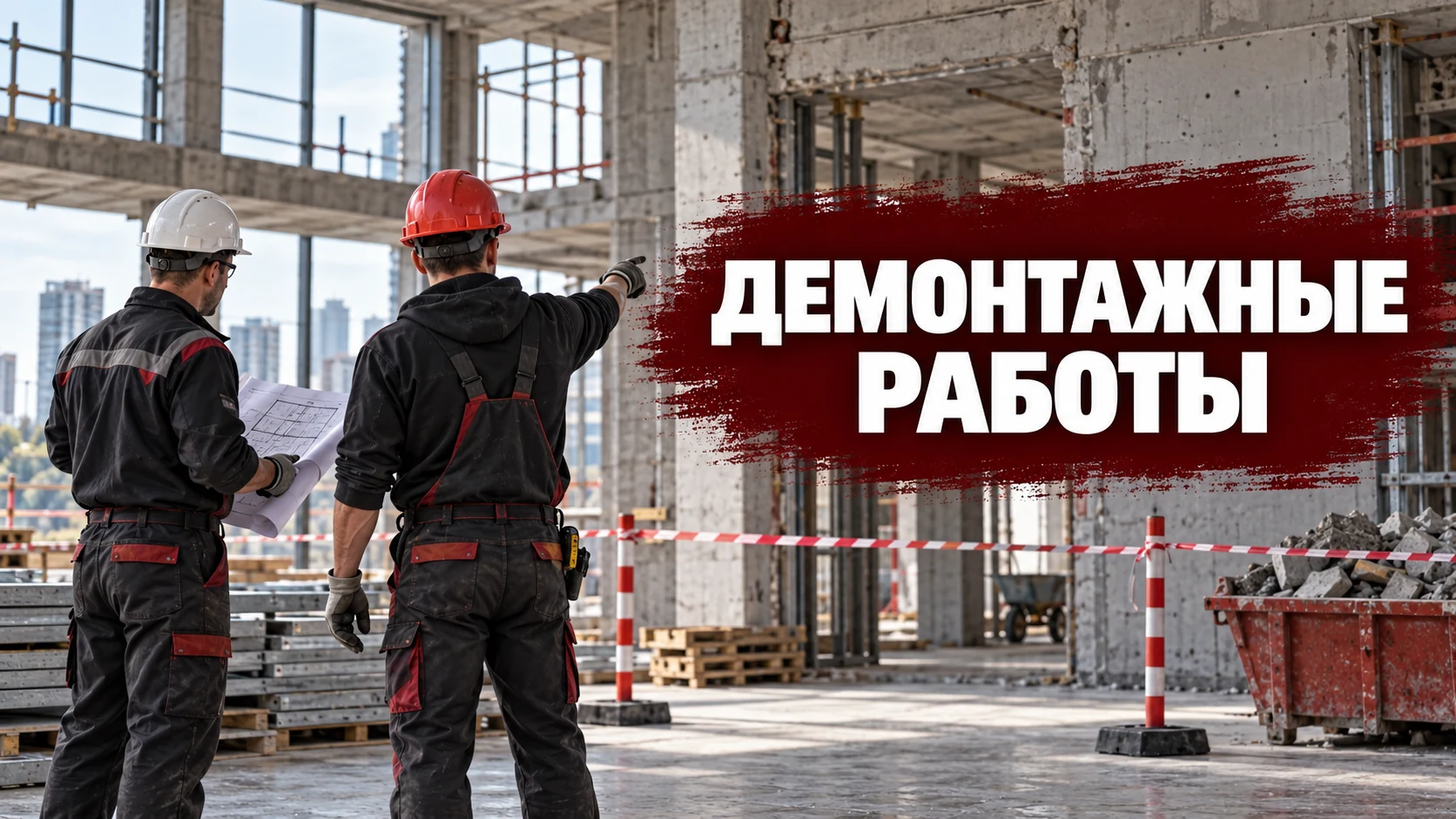 Обложка статьи о демонтажных работах: бригада осматривает и размечает рабочую зону