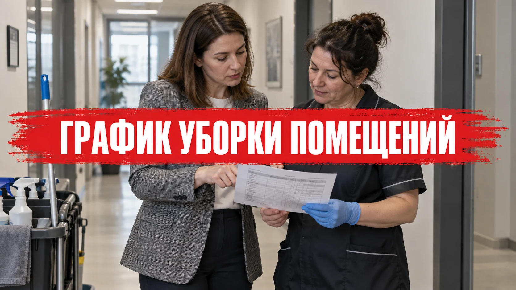 Управляющая объектом и сотрудница уборки сверяют расписание; на красной полосе заголовок «График уборки помещений»