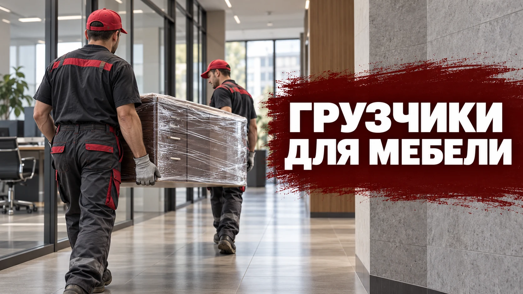 Обложка статьи о грузчиках для мебели: рабочие переносят офисную мебель