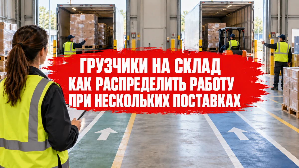 Обложка с центрированным заголовком «Несколько поставок: развести потоки»; складской координатор направляет машины к разным зонам