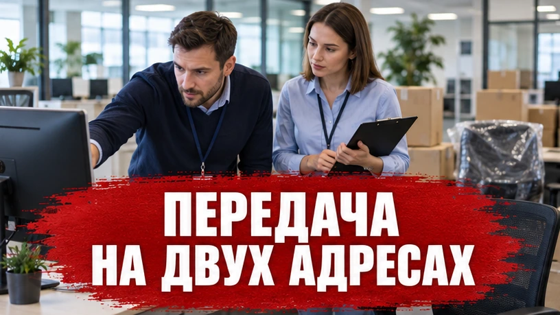 Обложка с центрированным текстом «Передача на двух адресах»: сотрудники бизнеса сверяют имущество при отправлении и получении
