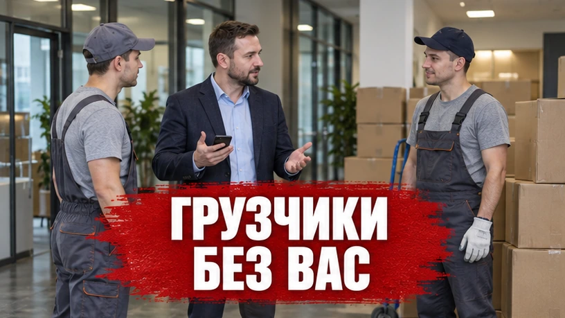 Представитель заказчика обсуждает поручение с грузчиками на площадке, заказчик участвует по телефону