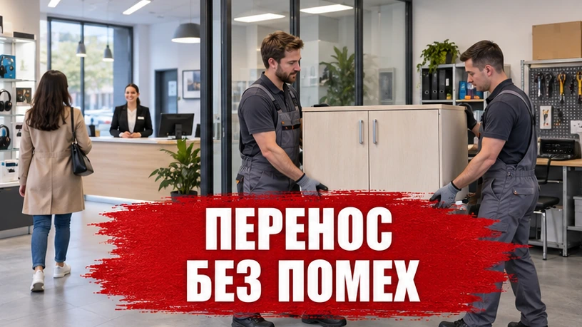 Перенос тумбы в отделённой зоне магазина и свободный путь посетителя к стойке; по центру надпись «Перенос без помех»