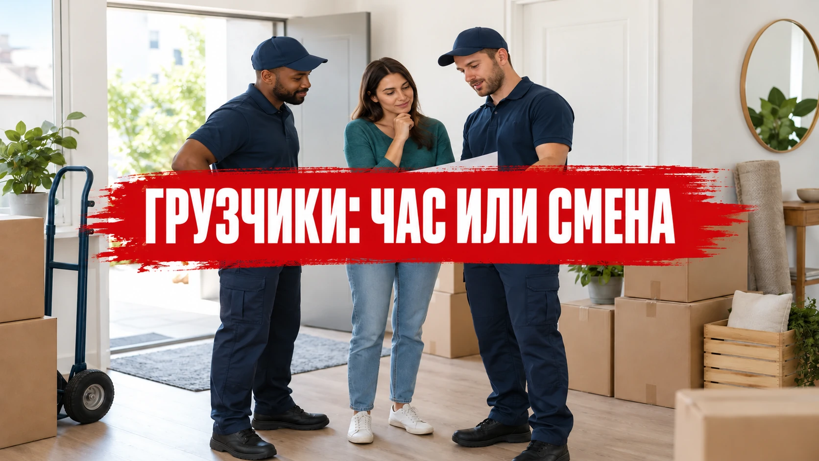 Обложка «Грузчики на час или на смену: как выбрать формат»: концептуальная иллюстрация с названием по центру