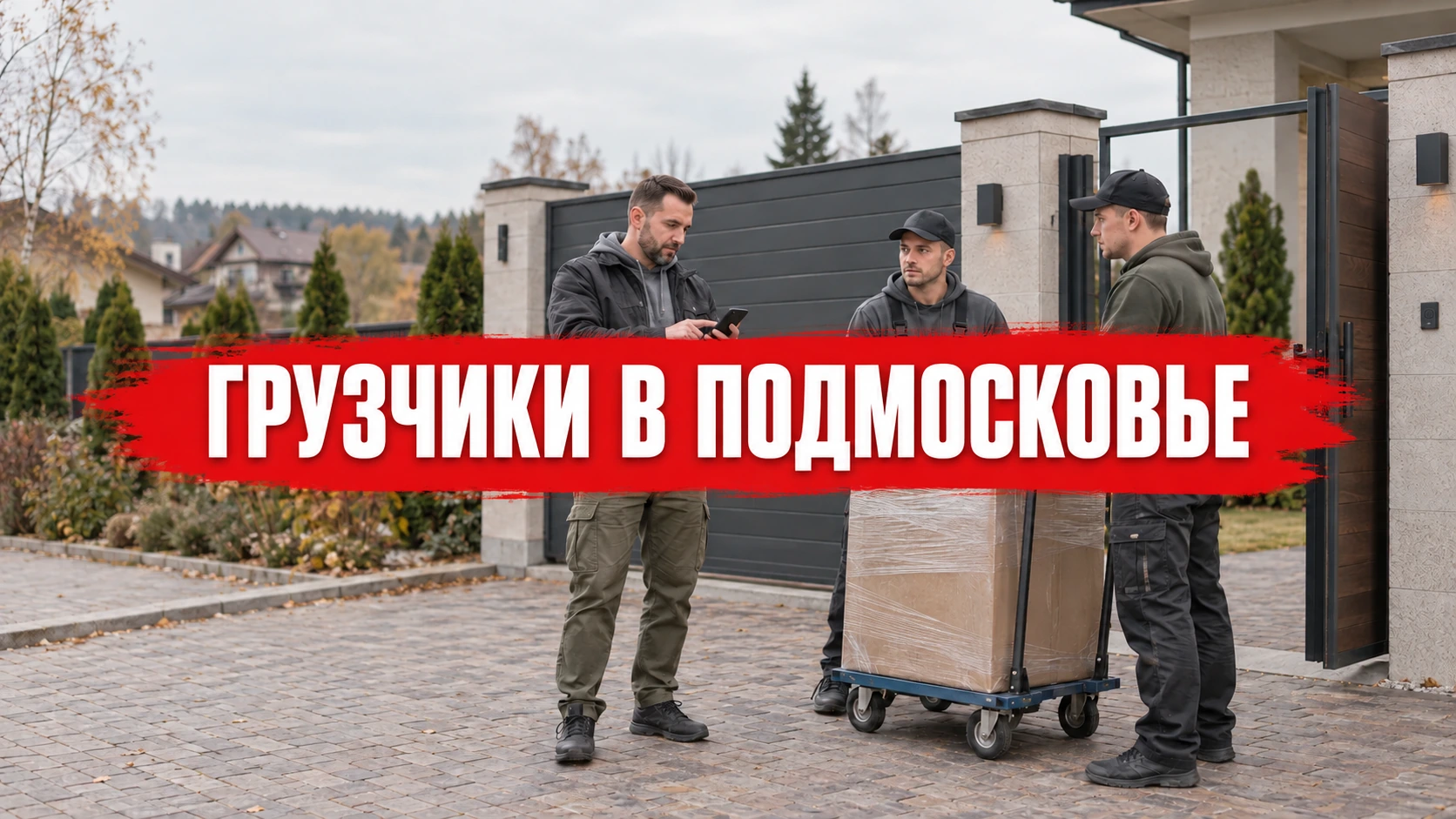Обложка «Грузчики в Подмосковье: как организовать выезд бригады»: концептуальная иллюстрация с названием по центру
