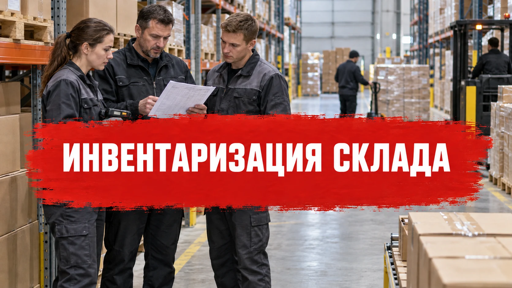 Сотрудники склада сверяют список товаров; заголовок обложки «Инвентаризация склада».