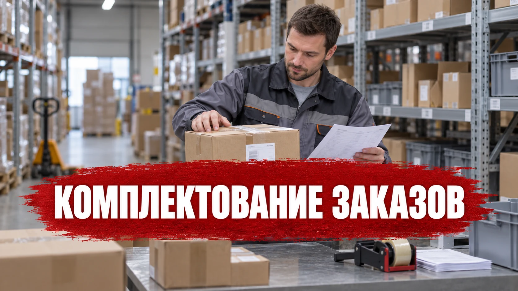Работник склада сверяет коробку с заказным списком; на центральном красном мазке размещён заголовок «Комплектование заказов»