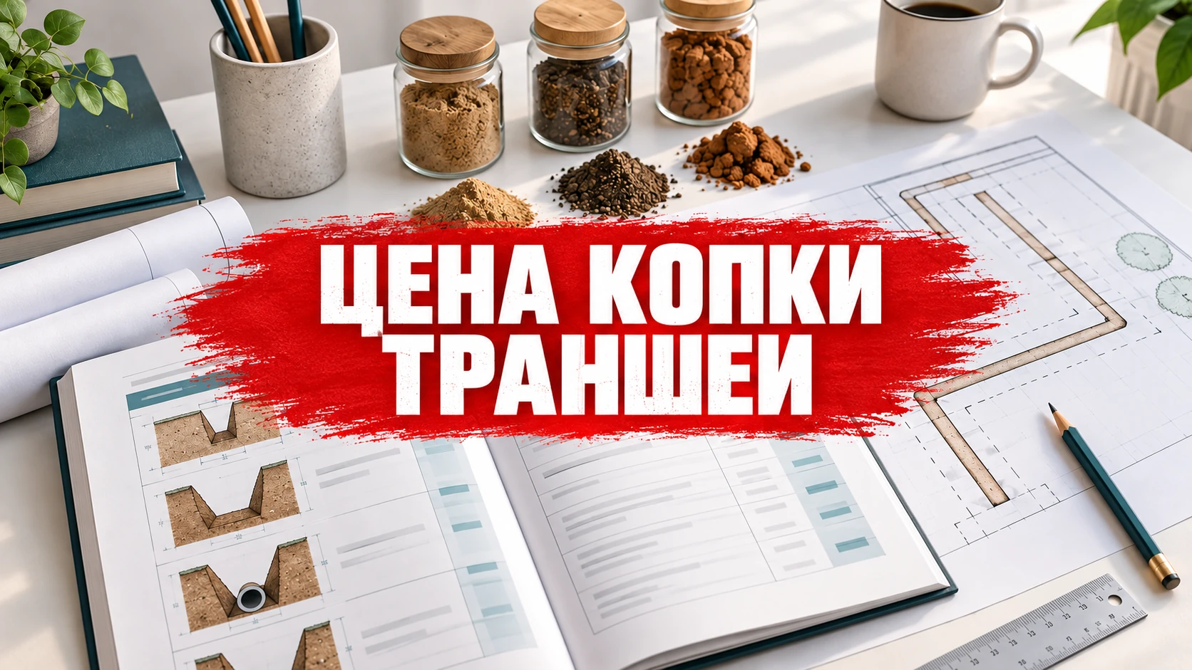 План траншеи и её сечения рядом с образцами грунта; заголовок «Цена копки траншеи» расположен по центру
