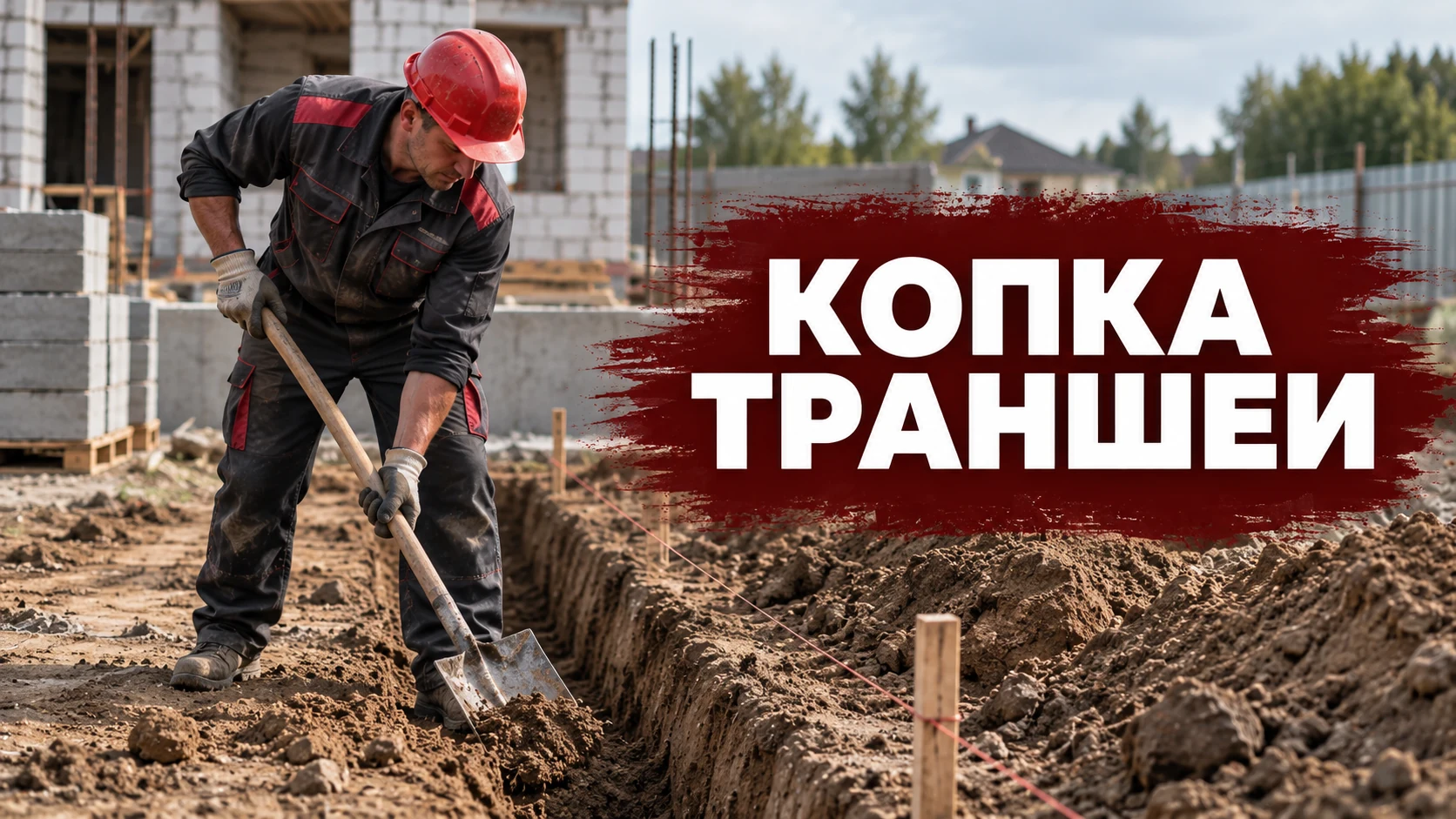 Обложка статьи о копке траншеи: рабочий вручную готовит размеченный участок