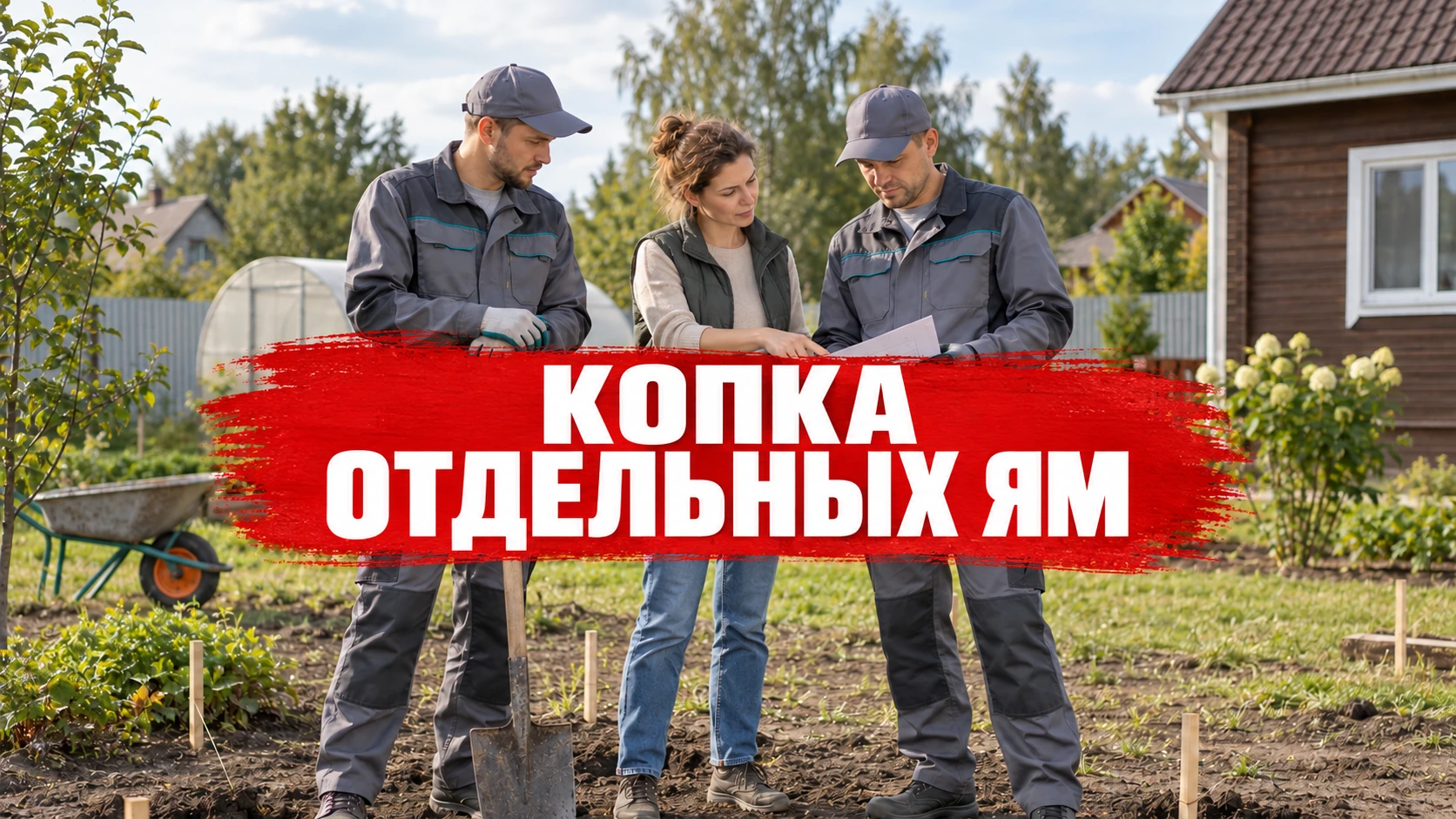 Заказчик и рабочие сверяют отдельные точки на плане участка; заголовок о копке ям расположен по центру красной плашки