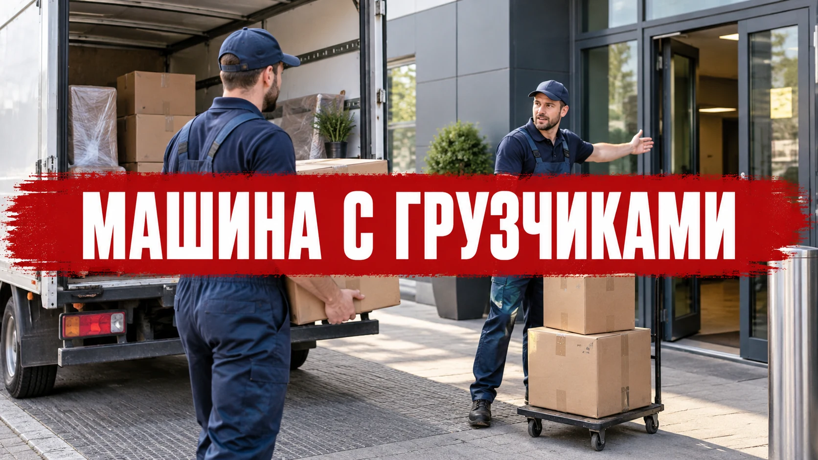 Грузчики переносят коробки от машины к коммерческому входу