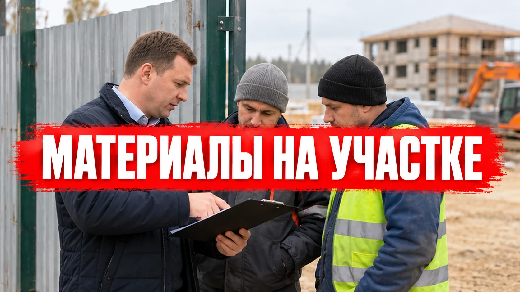Представитель объекта и рабочие сверяют поручение возле строящегося здания
