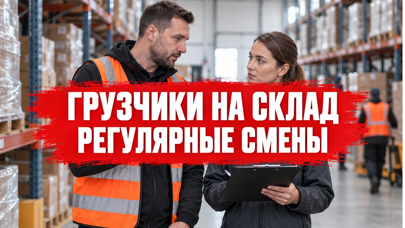 Центрированная обложка «Грузчики на склад: регулярные смены»; руководители сверяют график на планшете у складских стеллажей