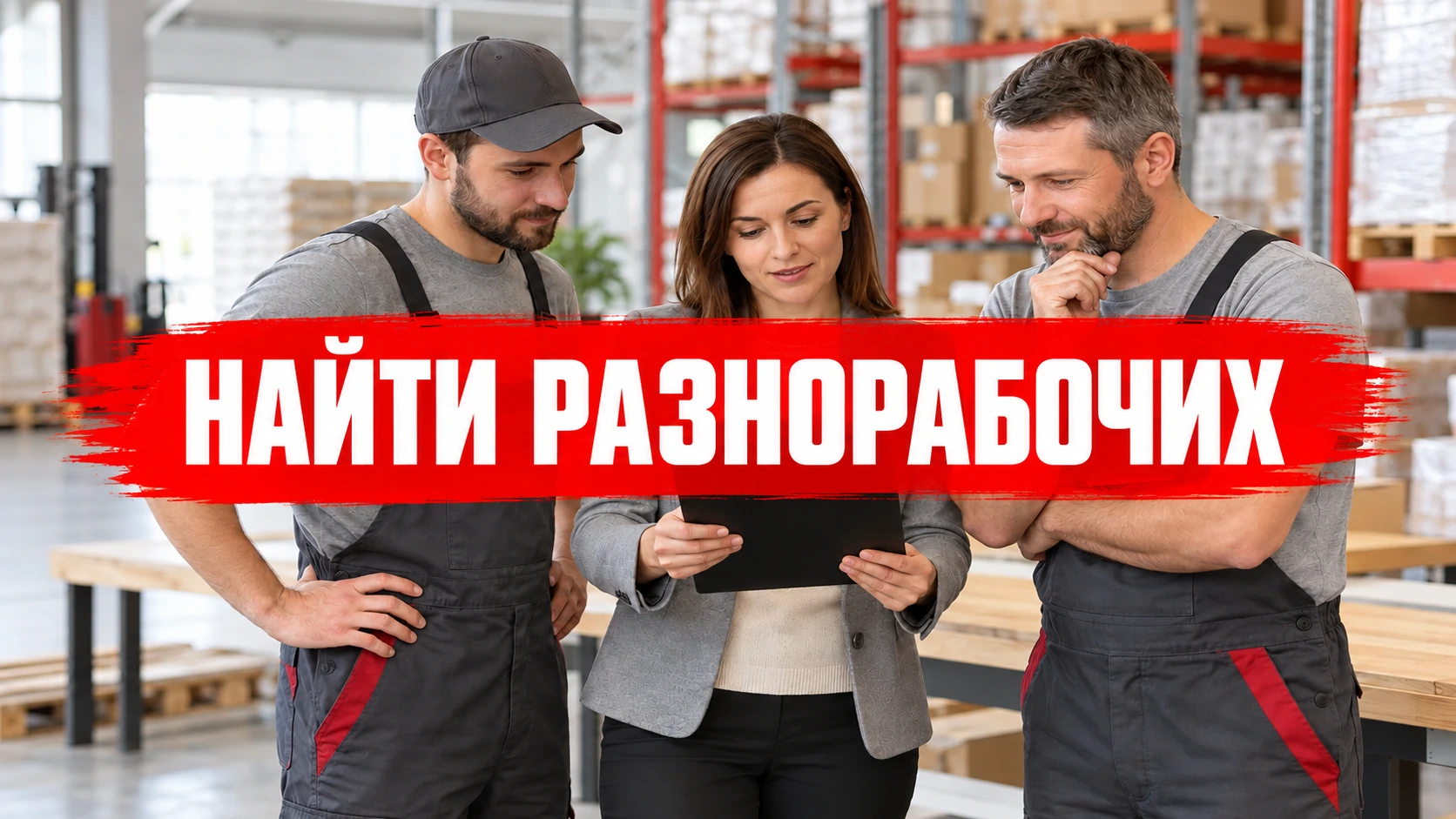 Обложка «Как найти и нанять разнорабочих для объекта»: концептуальная иллюстрация с названием по центру