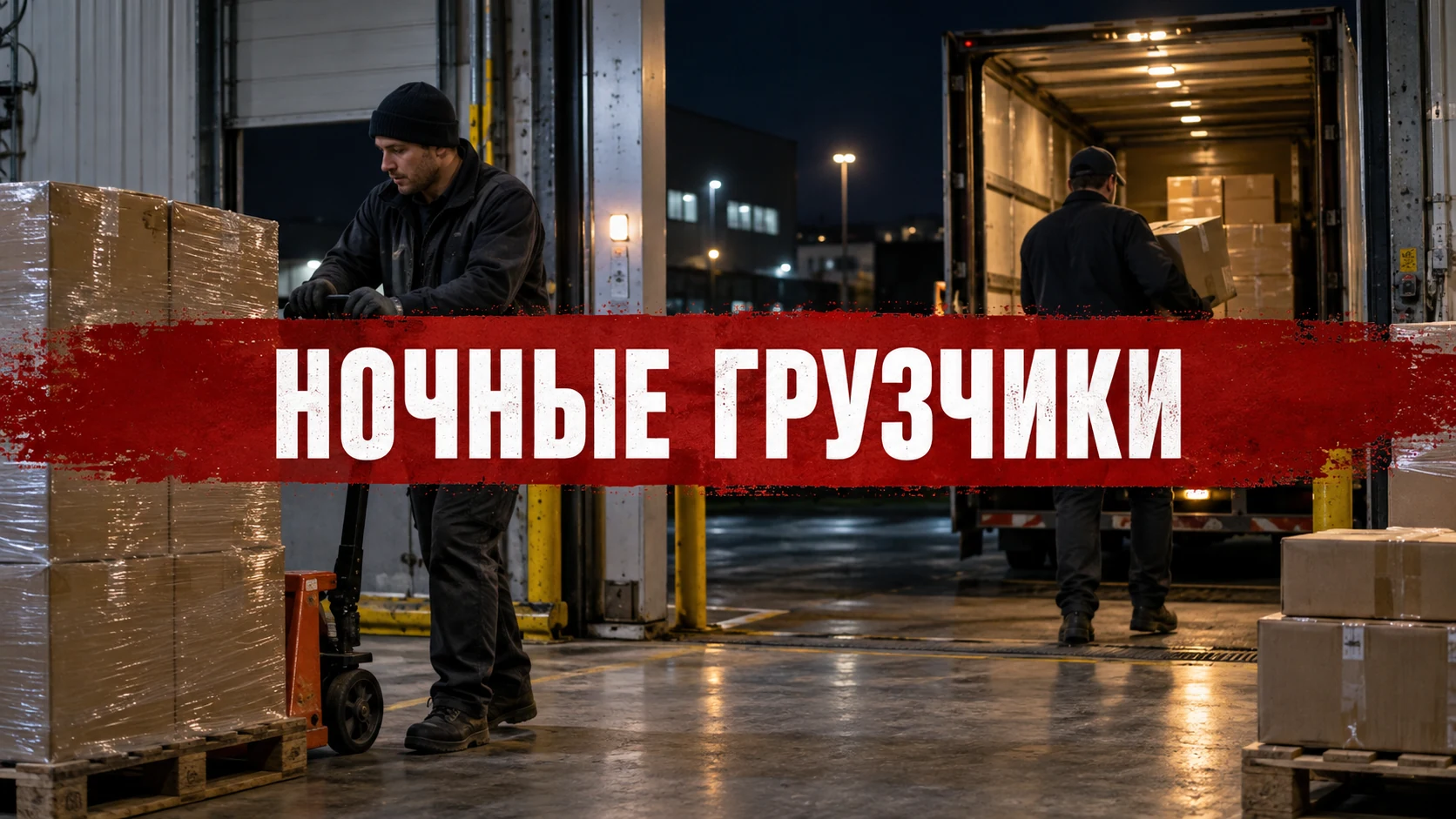 Рабочие разгружают коробки у ворот склада в ночное время