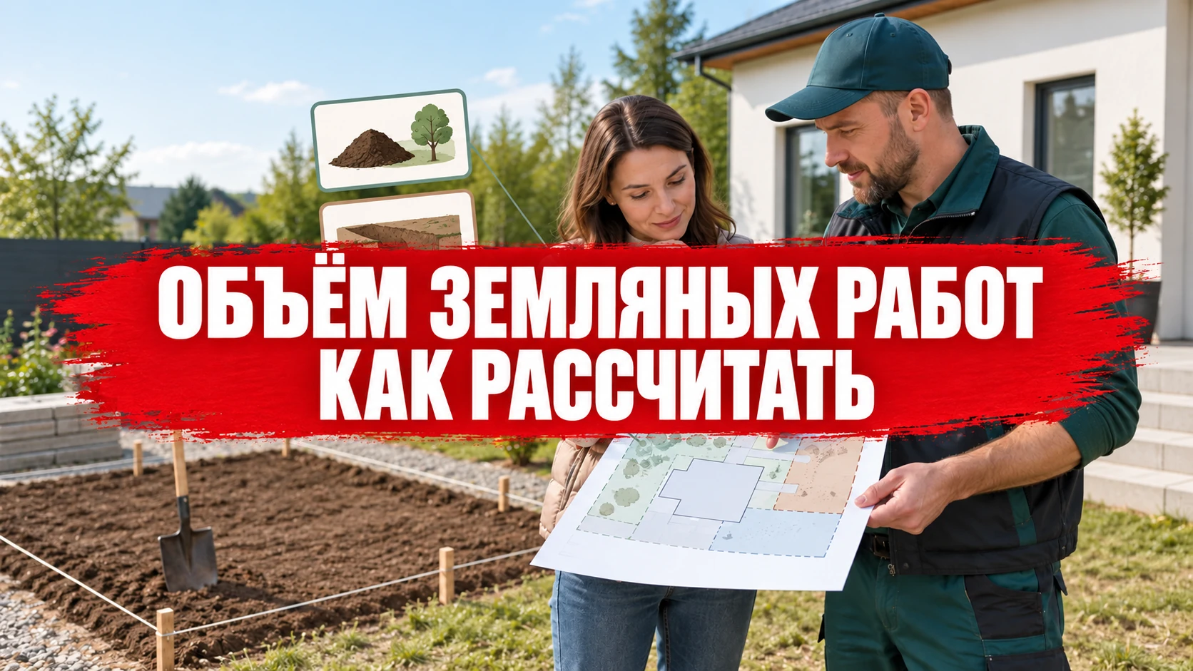 Центрированная обложка «Объём земляных работ: как рассчитать»; план участка с длиной, шириной и глубиной выемки