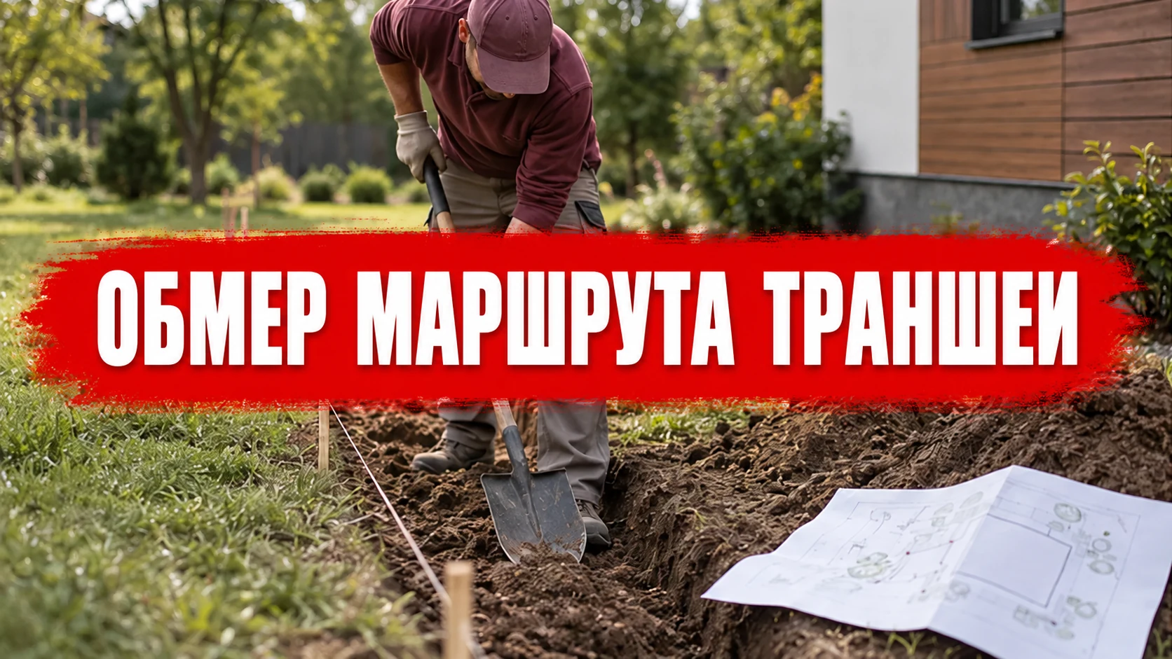 Рабочий у размеченной траншеи; обложка с надписью «Обмер маршрута траншеи», концептуальная иллюстрация