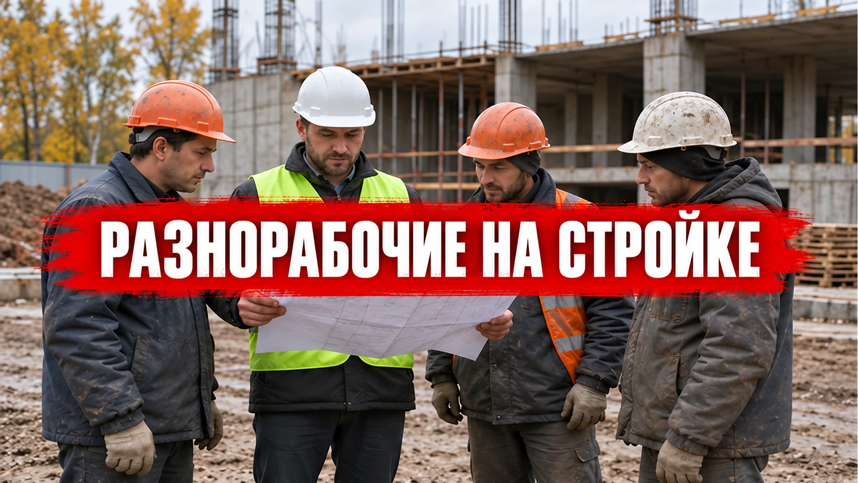 Рабочие в касках обсуждают лист с планом на строительной площадке