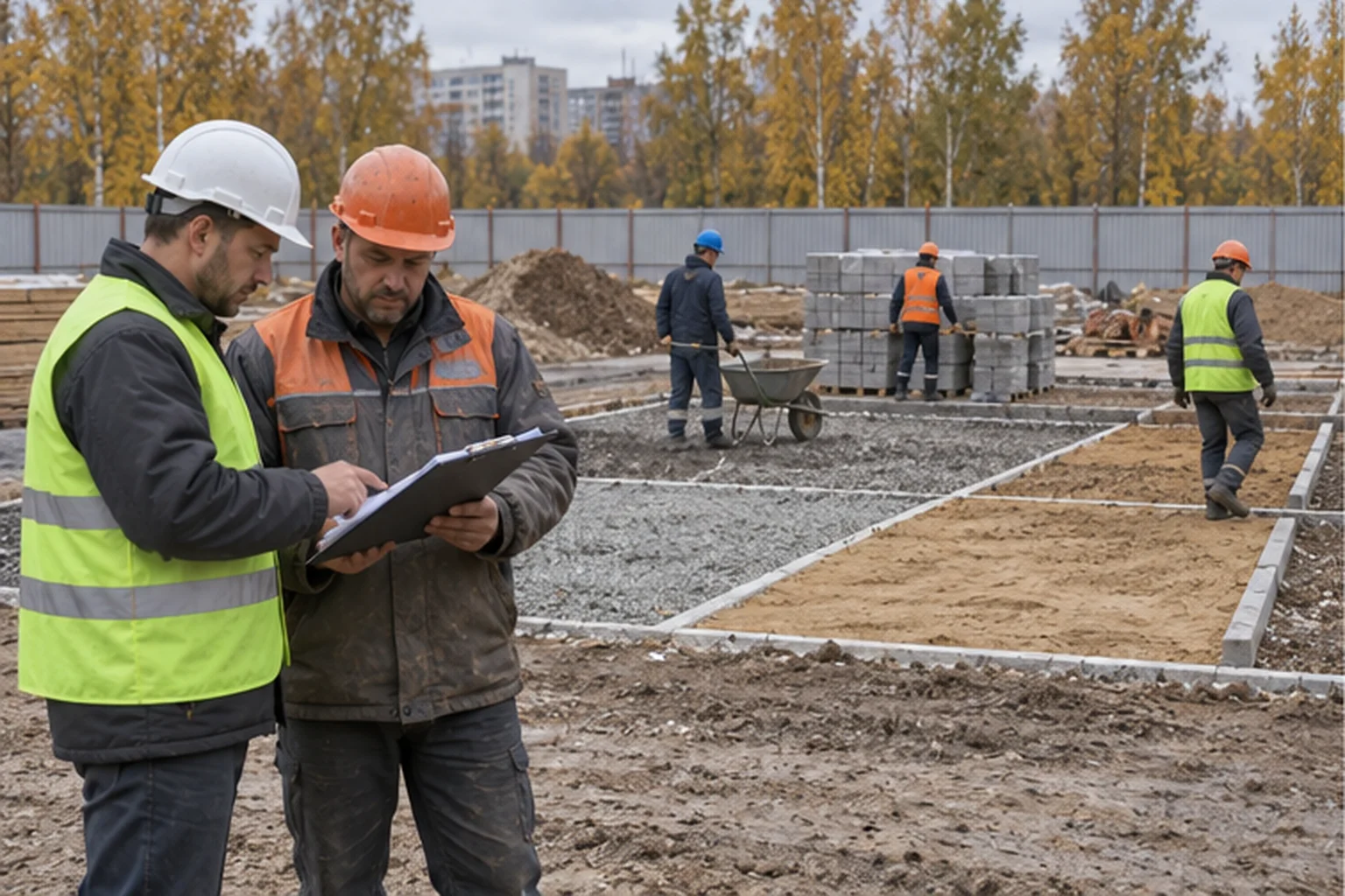 Два работника сверяют запись на планшете на фоне строительной площадки