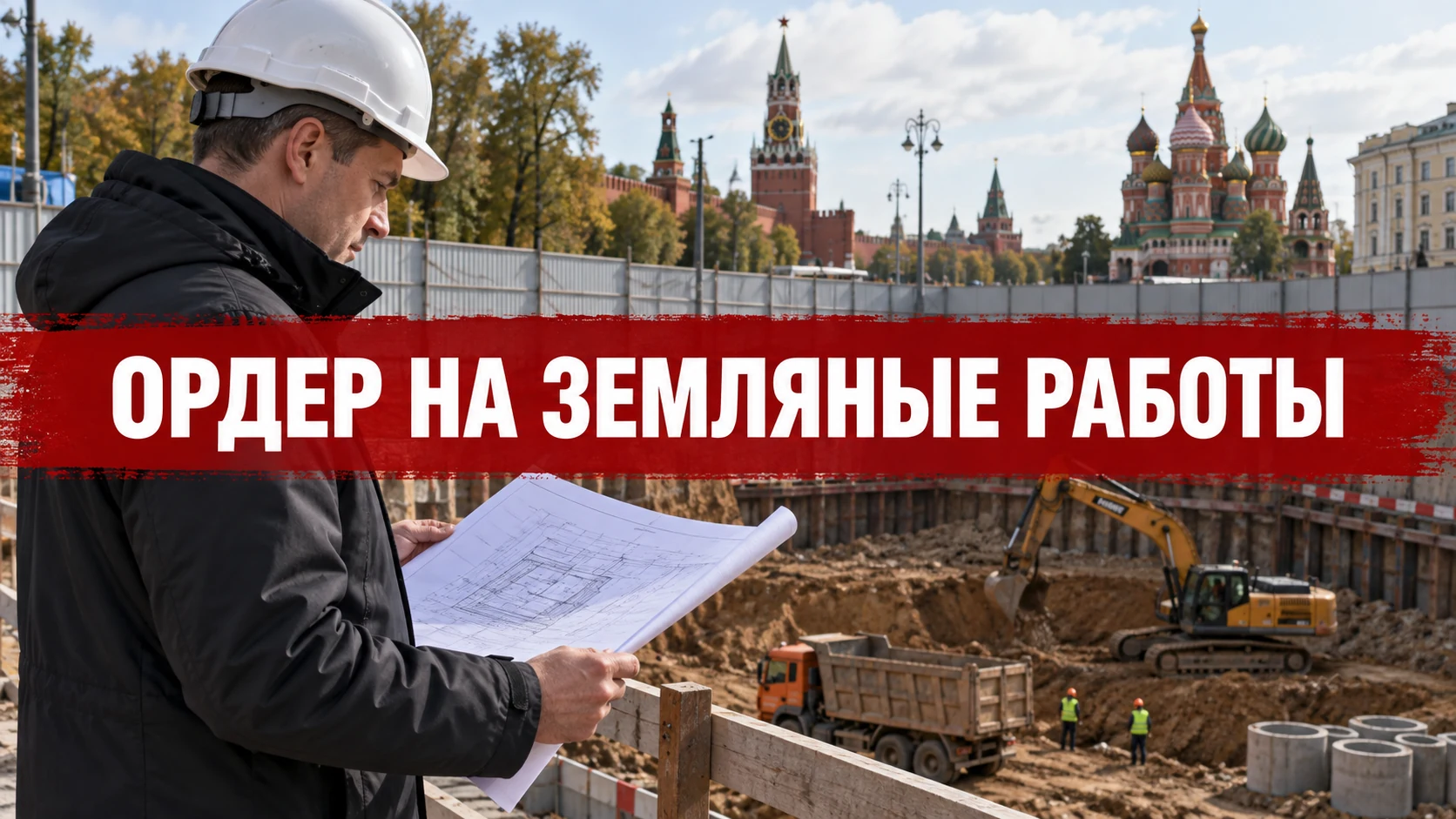 Прораб сверяет план участка рядом с ограждённой зоной земляных работ