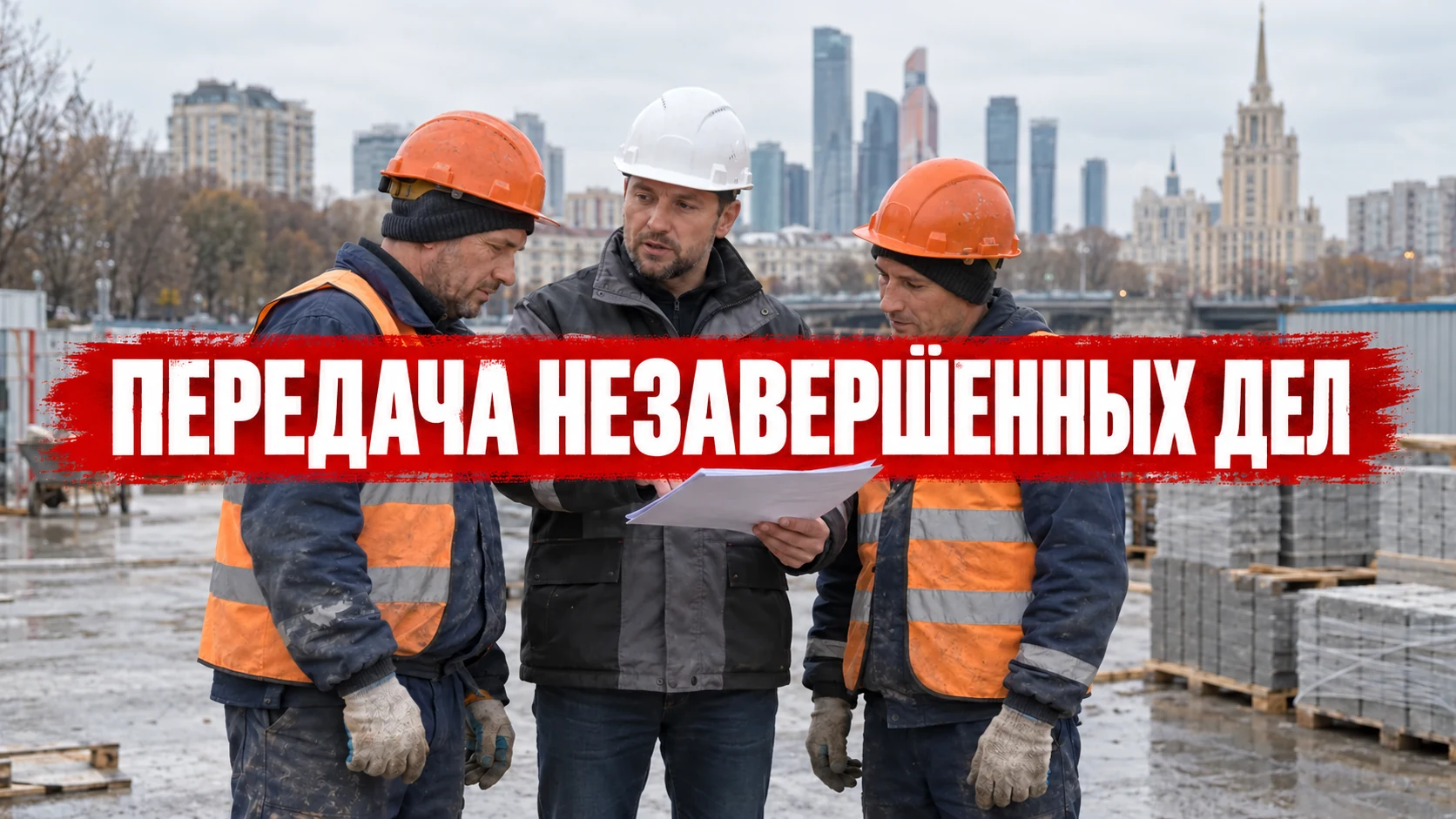 Несколько рабочих в касках сверяют лист с записями на площадке