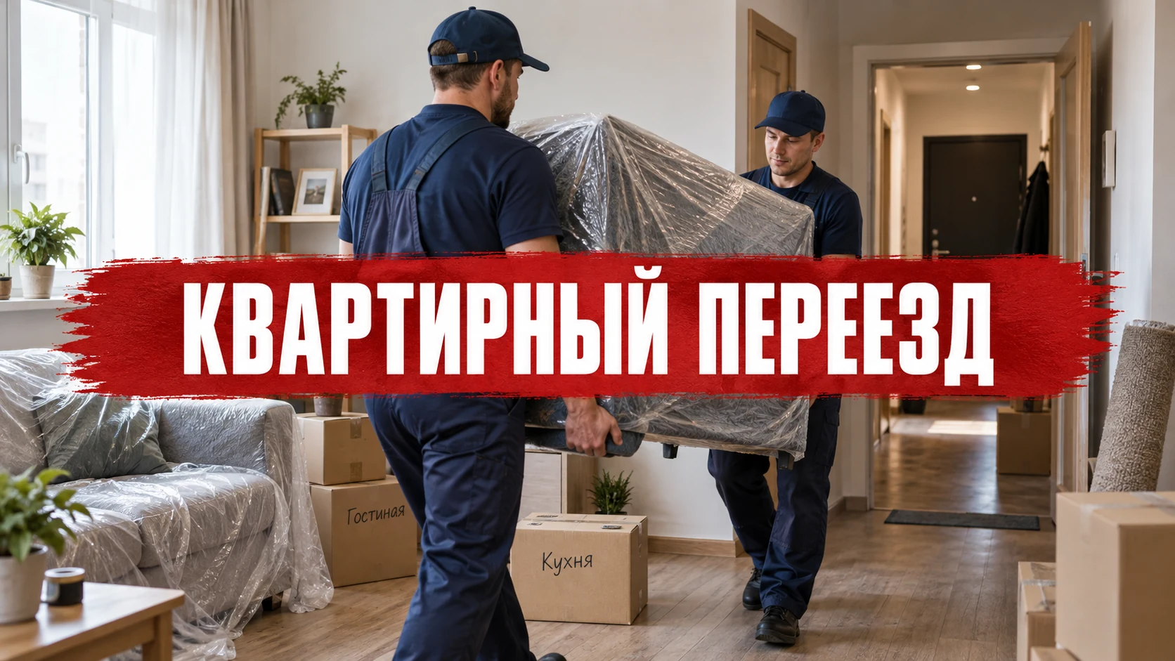 Грузчики переносят защищённую мебель и коробки по квартире