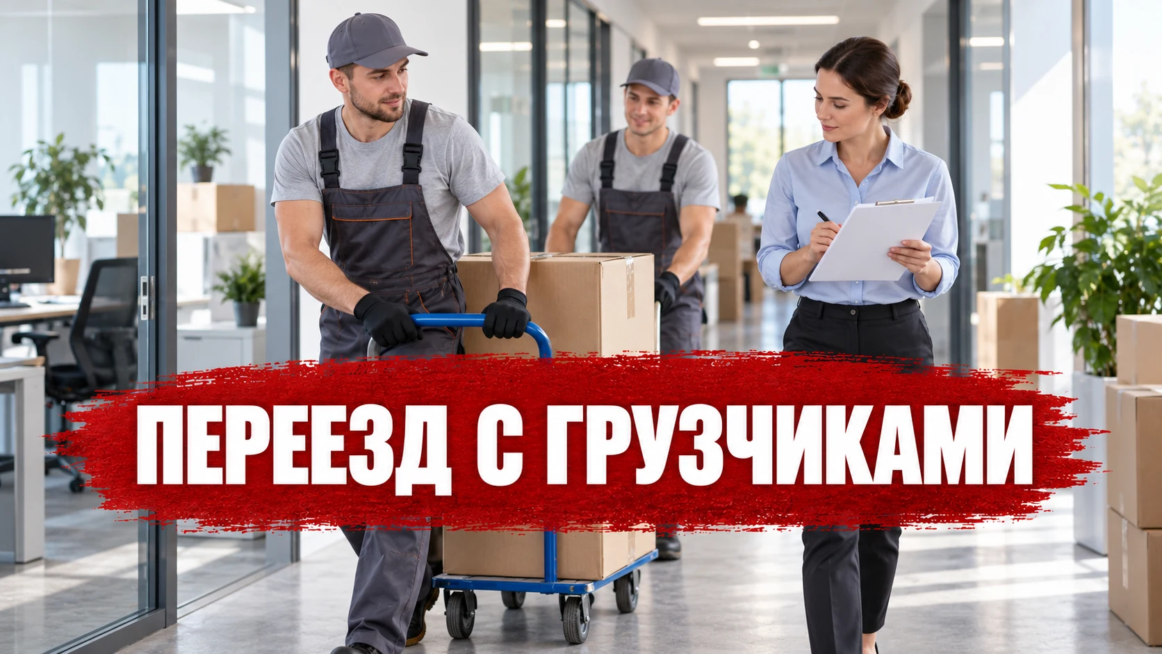 Сотрудница и грузчики сверяют список вещей при переезде офиса; заголовок расположен по центру обложки