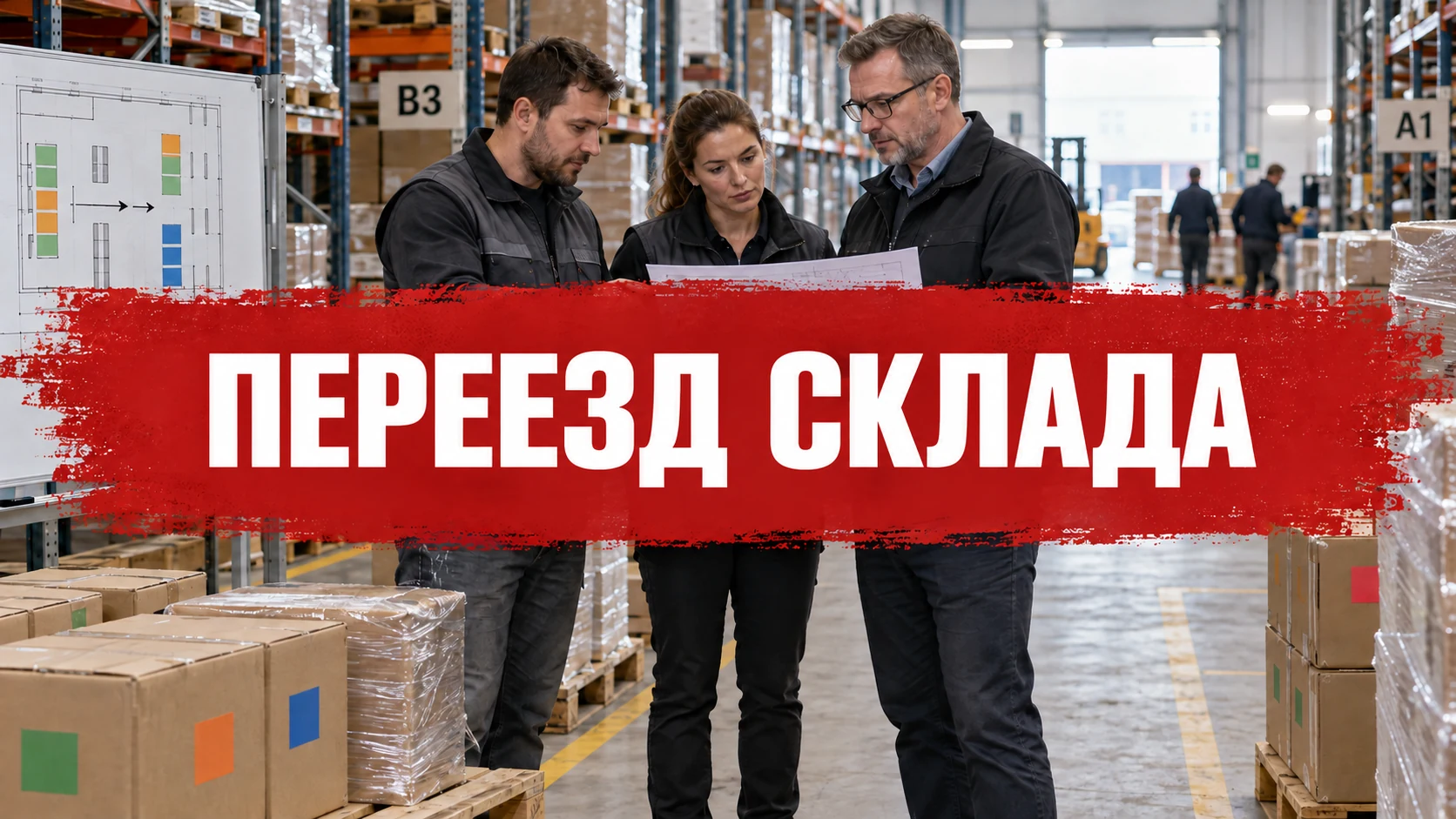Сотрудники склада планируют перемещение запасов; заголовок обложки «Переезд склада».