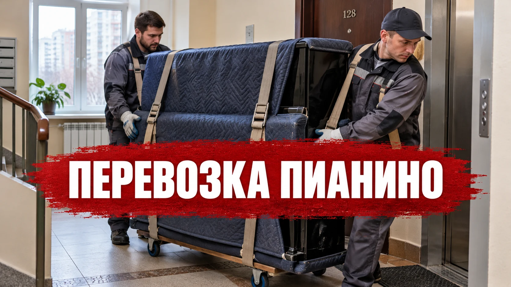 Двое грузчиков перемещают пианино, защищенное мягким покрытием и ремнями; обложка статьи «Перевозка пианино»