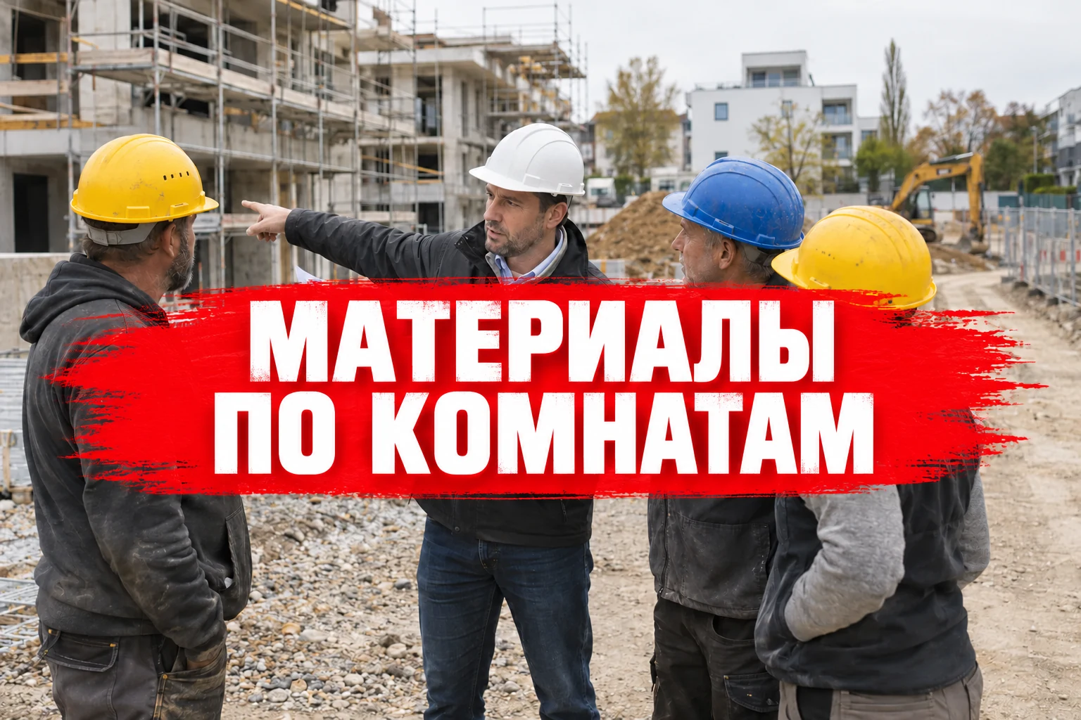 Рабочие в касках рассматривают схему на фоне строящегося здания