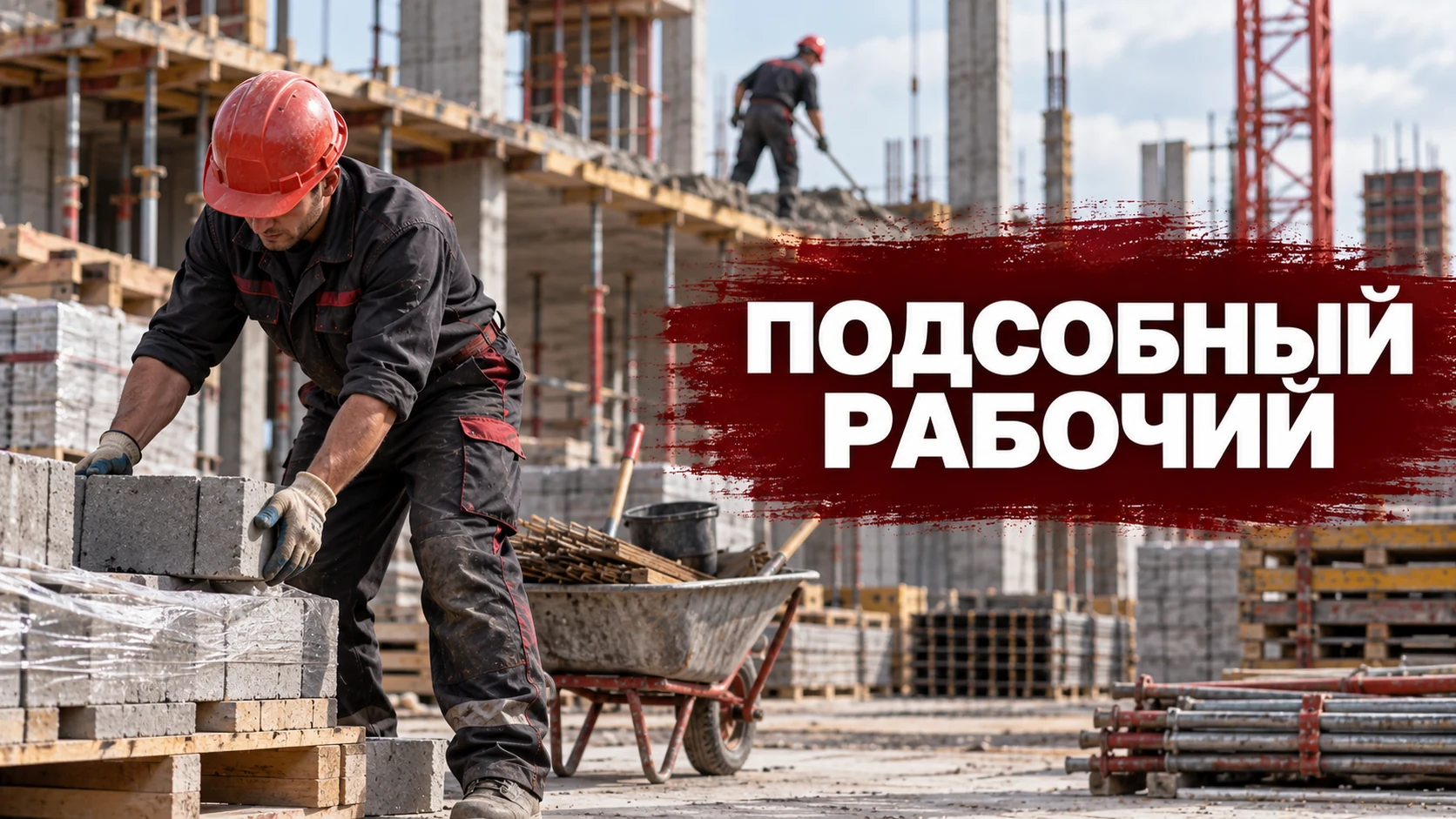 Обложка статьи о подсобном рабочем: сотрудник подготавливает участок на стройке