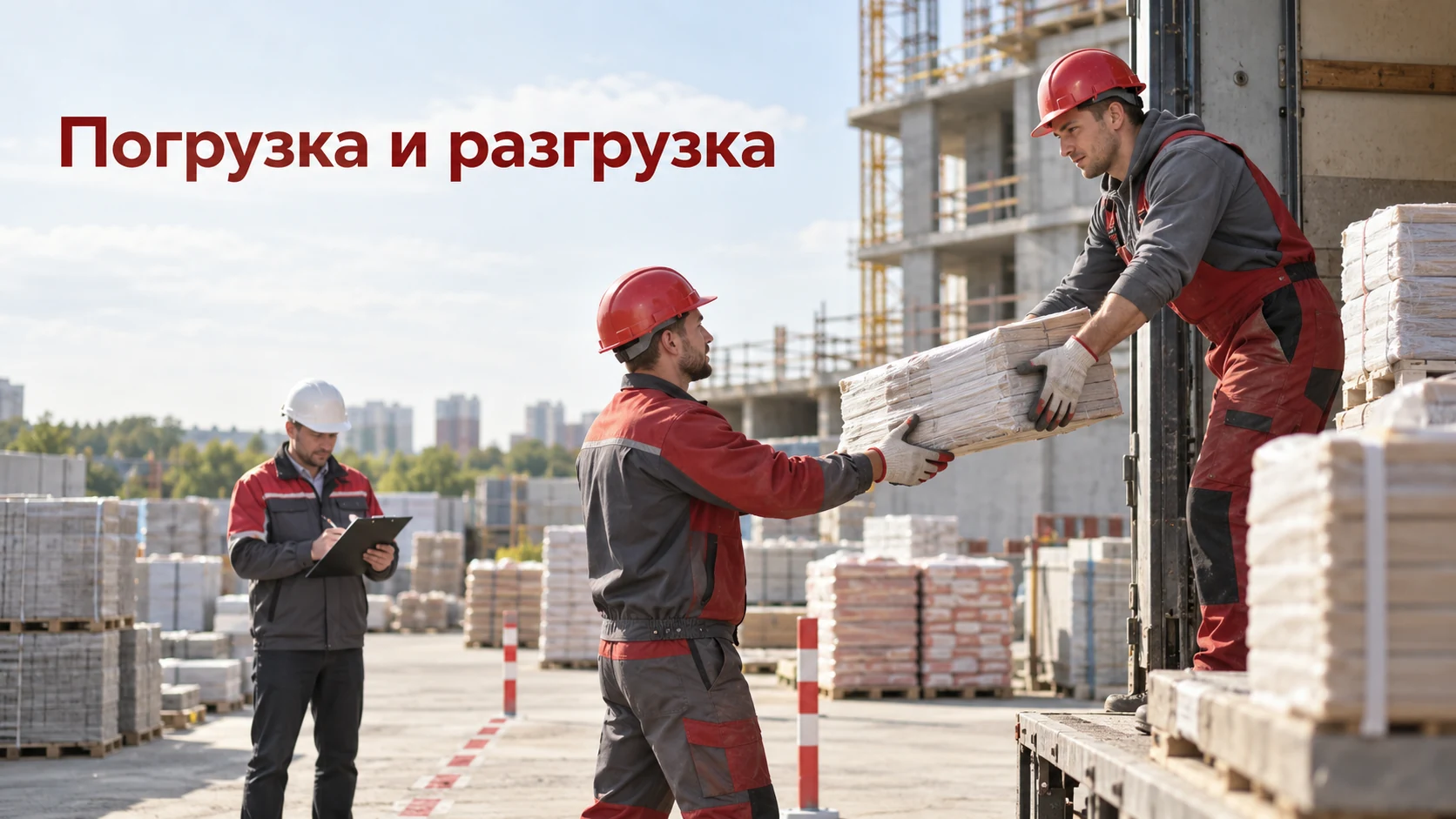 Обложка: рабочие передают партию материалов между этапами разгрузки