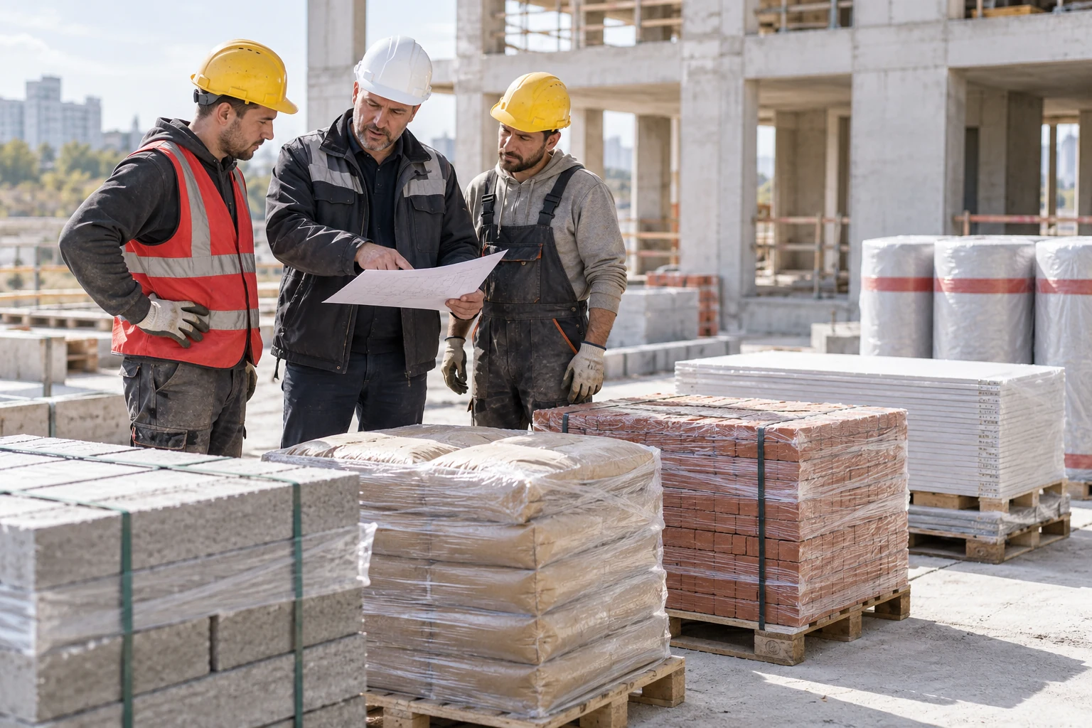 Координатор и рабочие распределяют строительные материалы по отдельным партиям