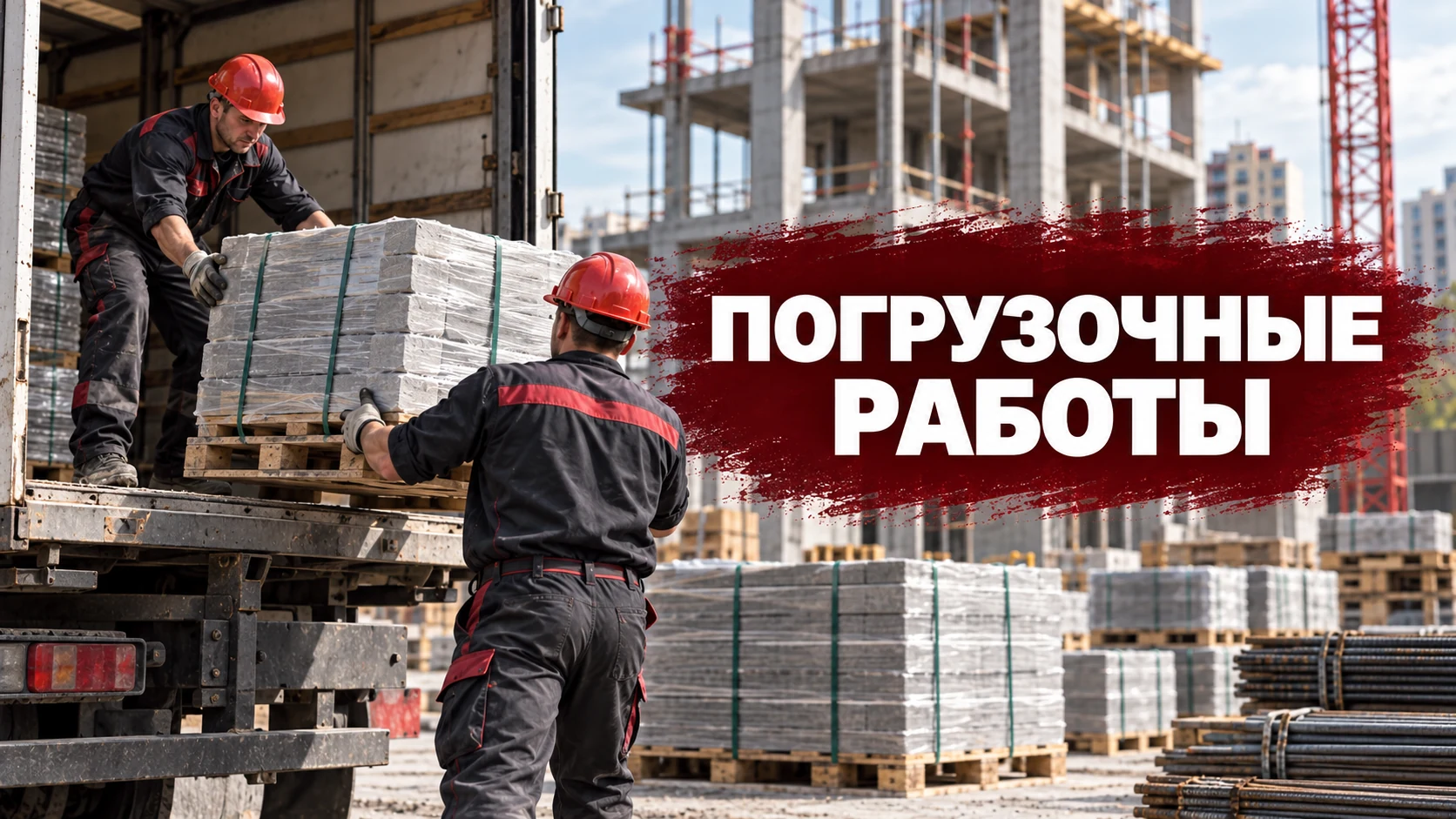 Обложка статьи о погрузочных работах: рабочие принимают материалы с грузового автомобиля