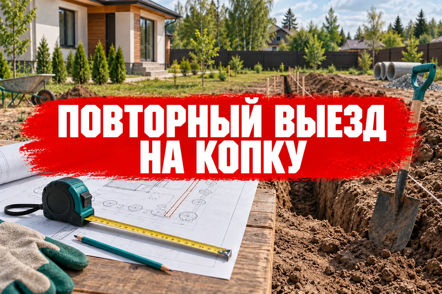 Размеченная траншея, план участка и рулетка на строительной площадке; концептуальная иллюстрация