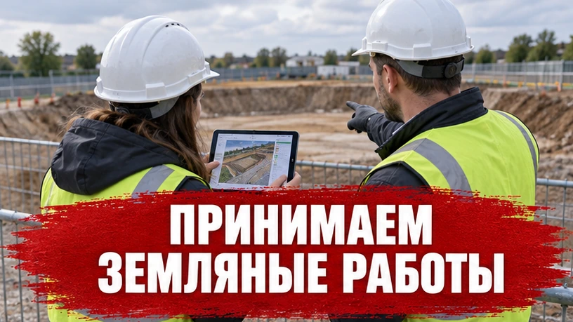 Заказчик и специалист сверяют проект у ограждённого земляного участка; по центру надпись «Принимаем земляные работы»