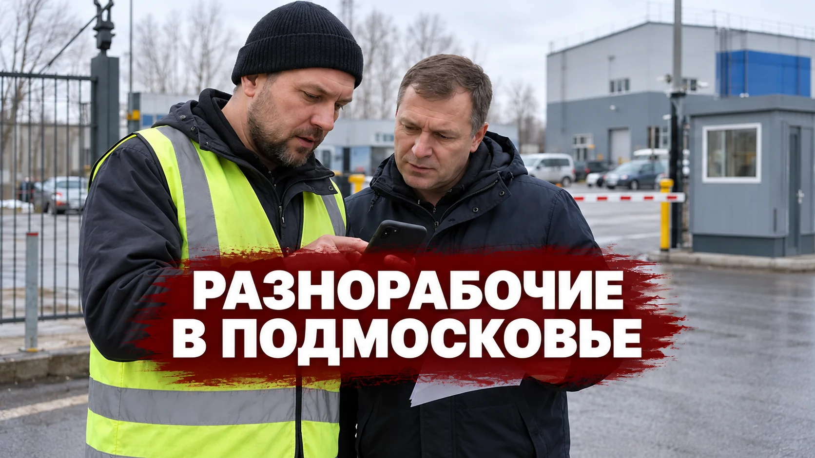 Двое мужчин сверяют лист у входа на огороженную территорию