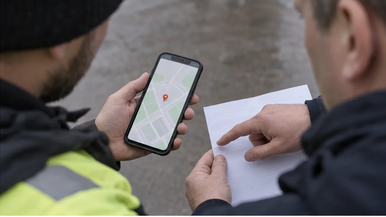 Двое мужчин сверяют точку на карте телефона с записью на бумаге