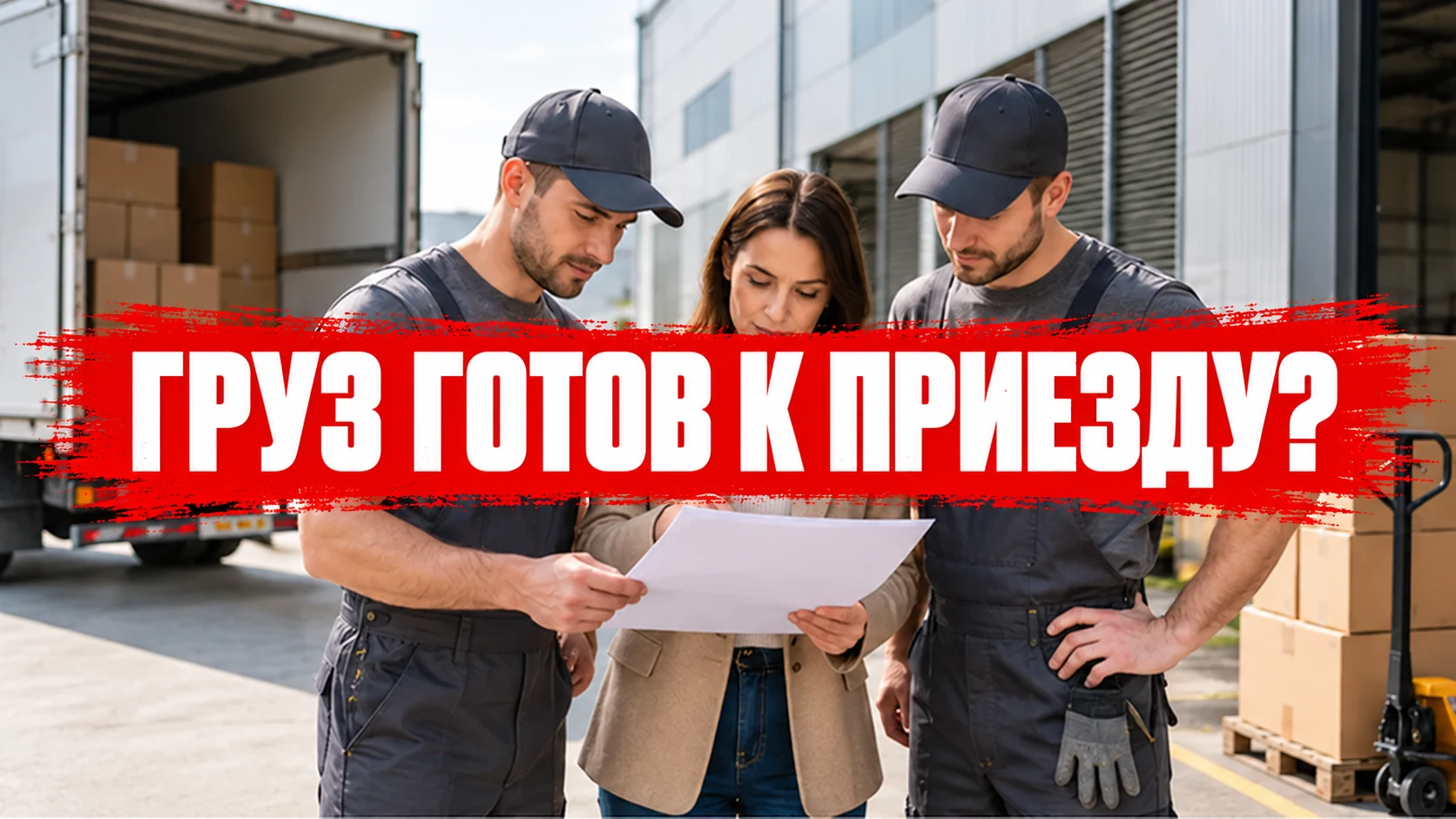 Представитель объекта и двое работников обсуждают документы возле коробок
